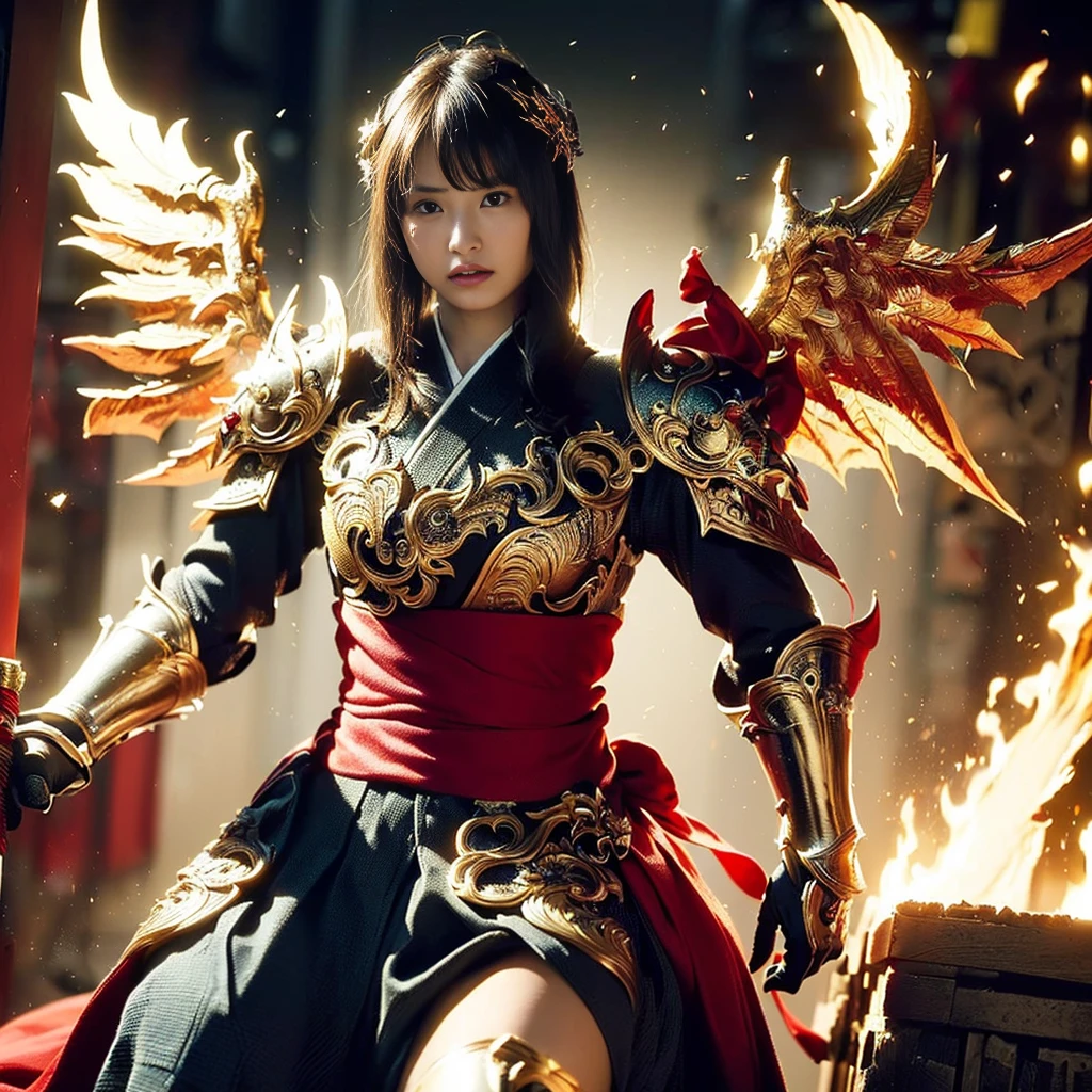 (((Realistic, masterpiece, best quality, crisp detail, high definition, high detail, very rich detail, sharp focus, sharp detail, colorful, perfect studio lightning))), ((20 years old goddess, kasumi arimura)),(((in the middle of war, epic war scene, attack stance))), wearing (((beautiful decorated golden heavy armor, dragon armor, decorated full body armor, fully armored beautiful kimono, wide golden wings))), (flying, swinging katana, blood scattered face, blood tears, blood bath, blood shed), (((fire everywhere, blood everywhere, death everywhere, japan bakumatsu period, dead bodies,carcass,burned japanese castle,hellish,chaos)) traditional village background)