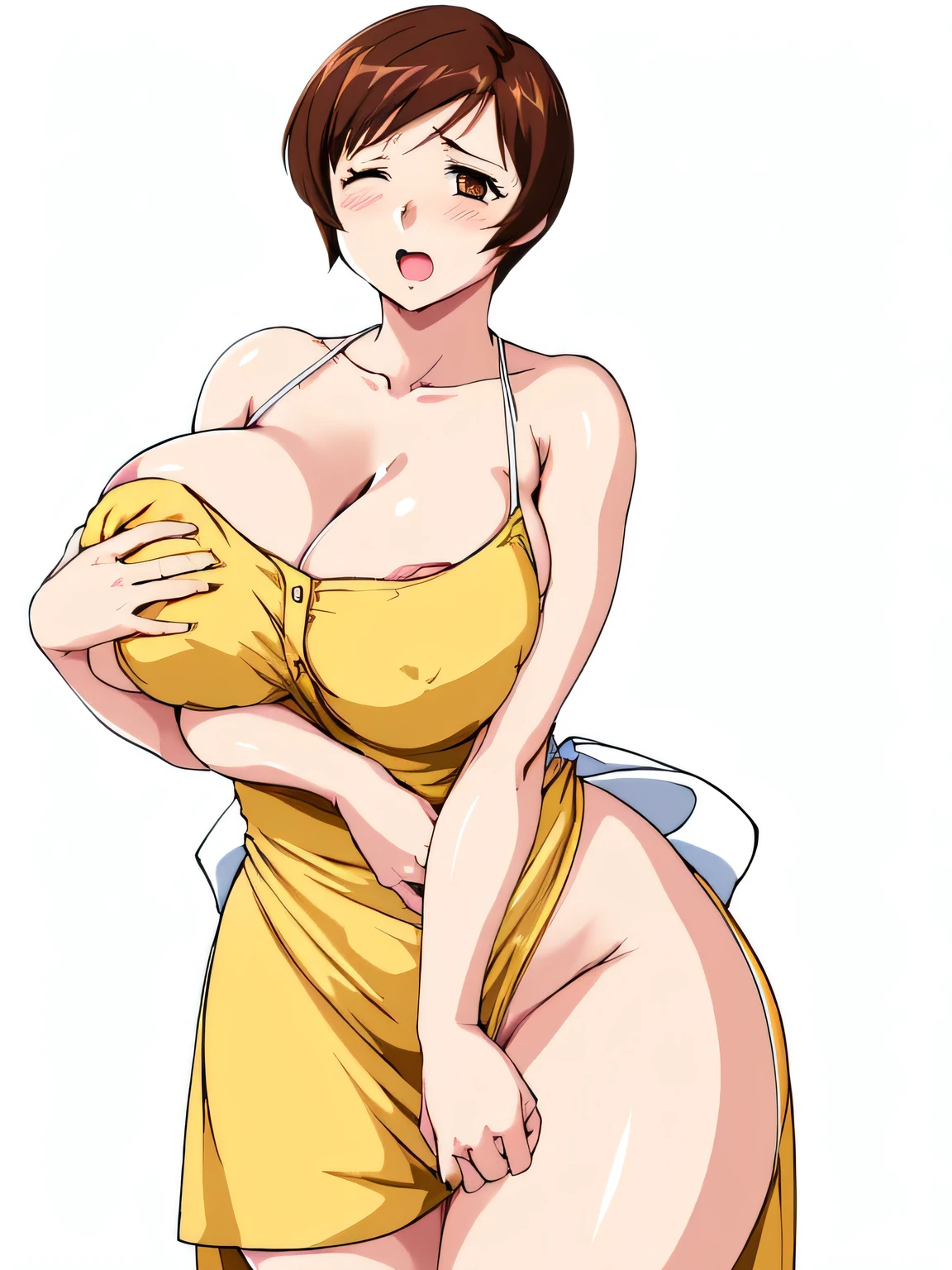 masterpiece, highest quality, High resolution, ((((1girl, solo)))), short hair, etsukoto, Big and ample breasts, cleavage, (Perfect beautiful yellow dress:1.4), ((White waist apron)), White panties, Screaming face with eyes closed, (((simple background))), Shiny oily skin, Huge long breasts, Naughty big、((Big breasts are important))、Naughty thighs、L Cup、alone,(thin:1.4),(Thin waist:1.4), Mature mother, huge breasts, ((((thick thighs, plamp thighs, voluptuous thighs, ample thighs)))), Calf, Seductive mature woman, Perfect body, Plus Size Model, etsukoto, blush, clavicle, retro artstyle, 1990s (style), ((deep nude)), (((nsfwal squeeze breasts, breasts slip))), ((grabbing own breast by myself, grabbing own breast by myself)), [[from side]], (((((nsfw))))),