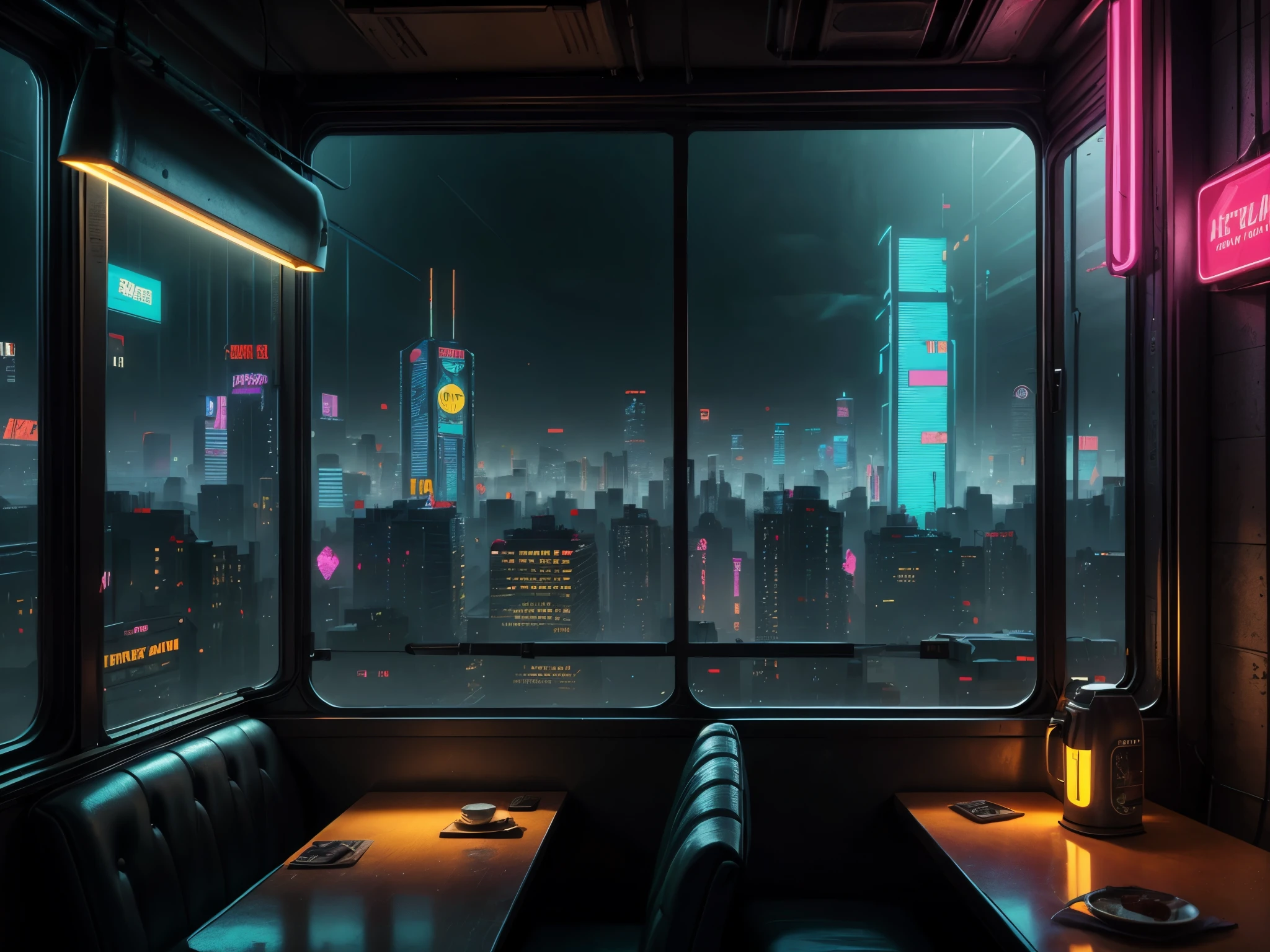 Generate a cozy old-timey diner interior with a large window directly across from the camera. Through the window is a massive (((cyberpunk cityscape))) with (neon lights), highly detailed buildings, and colorful accents. The (window and cityscape are important) and should be focal points of the image. The room offers a sanctuary from the busy details of everyday life. This image should contrast quiet interiors with vibrant, busy, dynamic exteriors. Take inspiration from Kamen Nikolov's cyberpunk work on Artstation. Utilize trending art styles and dynamic lighting to create a ((masterpiece)). 
