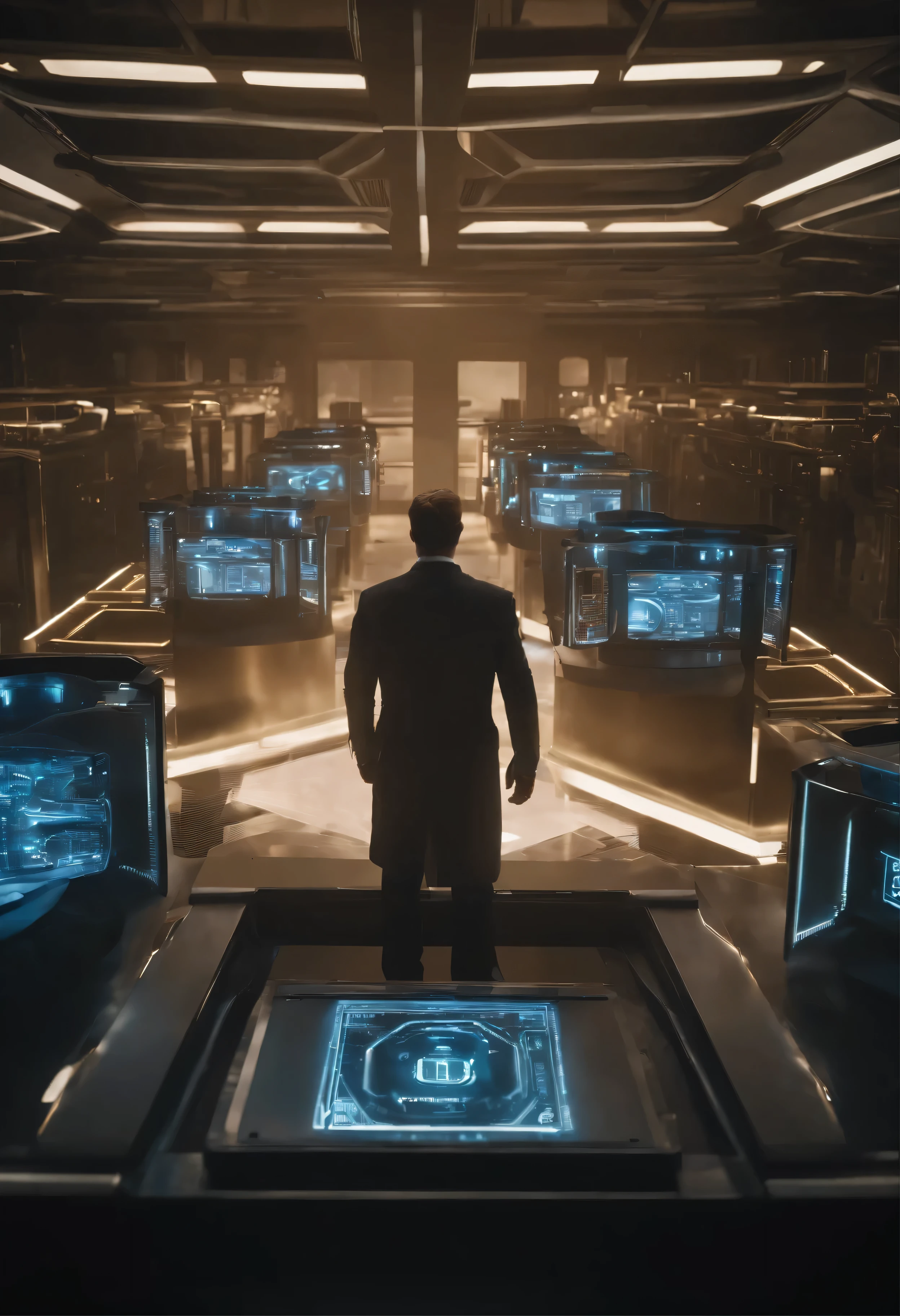 /imagine prompt: A futuristic laboratory scene where a scientist activates a sophisticated AI system. The room is filled with high-tech equipment and bright screens displaying complex algorithms. The core of IA, uma orbe brilhante ou holograma, ilumina o rosto do cientista com uma luz suave, meaning the moment of activation. This scene captures the mix of science, tecnologia, e o momento crucial de dar vida a uma IA --ar 16:9 --estilo bruto --v 6.0