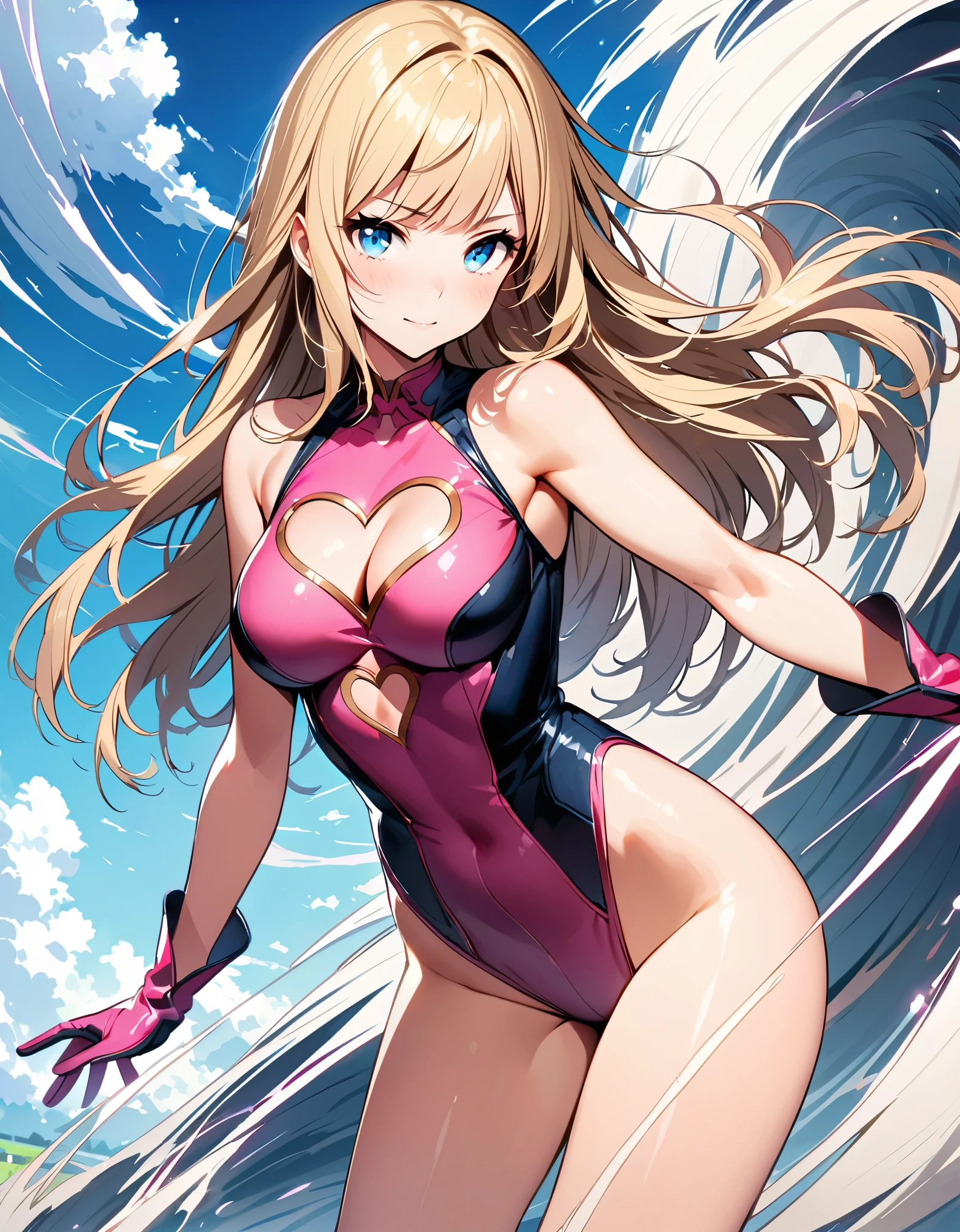 ((masterpiece)), ((best quality)), ((high res)), 1girl, solo, solo focus, (leotard, perfect leotard, matching leotard, pink leotard, sleeveless, bare legs), matching boots, looking at the viewer, blue sky backdrop, hand, perfect hands, complete fingers, perfect anatomy, medium breasts, (blonde hair, long hair, mid-length hair, hair down, bangs), knee boots, blue eyes, beautiful detailed eyes, beautiful detailed face, cute face, (cleavage heart cutout), pink gloves, pink footwear, superhero, heroic, spread arms. standing. spins in place like a tornado. she spins at an incredible speed, creating a whirlwind of air around her. spiral lines around her body, cyclone winds around, tornado spinning. speed lines. full body with costume