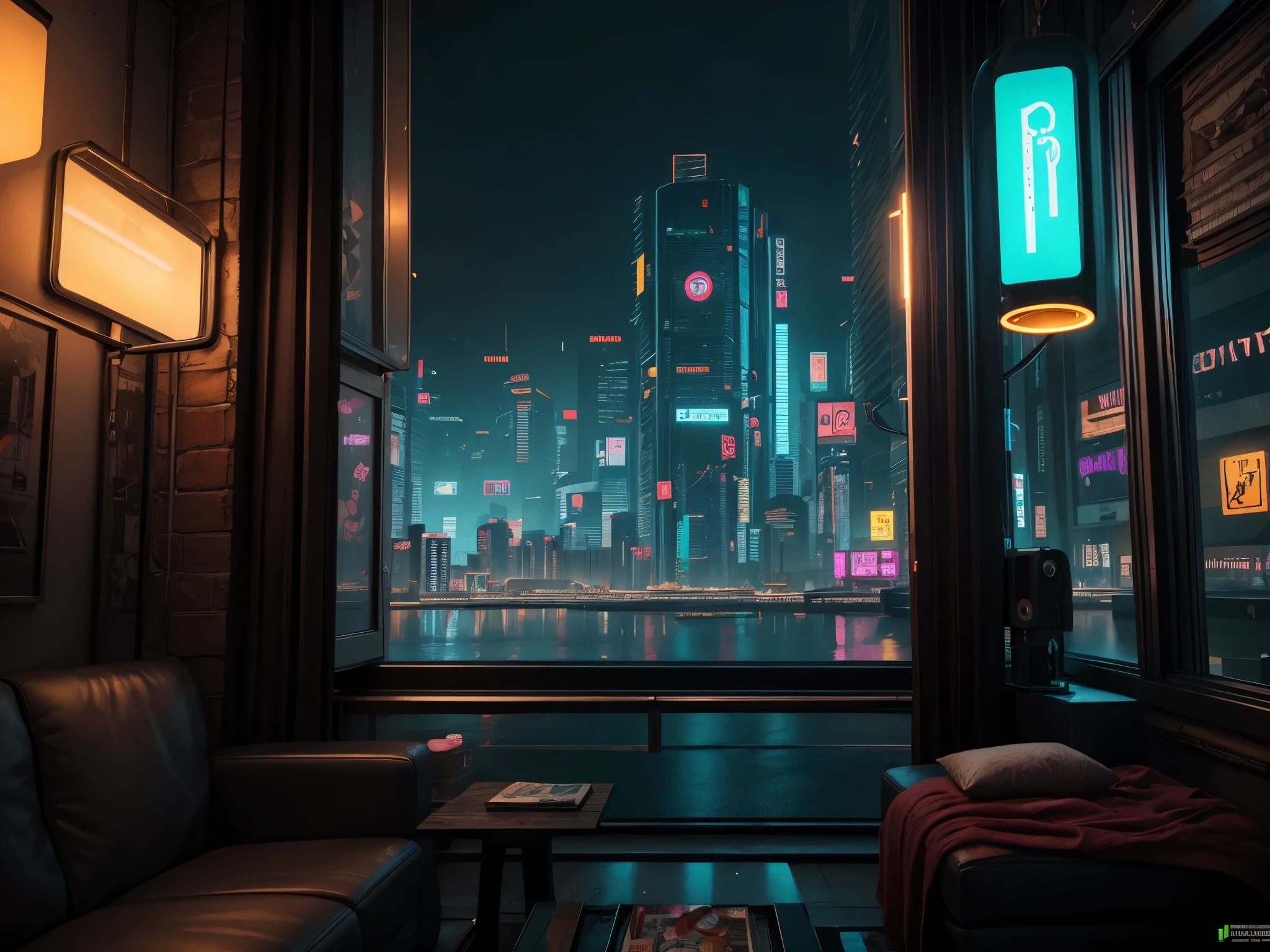 Generate a cozy and peaceful interior with a large window directly across from the camera. Through the window is a massive (((cyberpunk cityscape))) with (neon lights), highly detailed buildings, and colorful accents. The window and cityscape are important and should be focal points of the image. The room offers a sanctuary from the busy details of everyday life. This image should contrast quiet interiors with vibrant, busy, dynamic exteriors. Take inspiration from Kamen Nikolov's cyberpunk work on Artstation. Utilize trending art styles and dynamic lighting to create a ((masterpiece)).