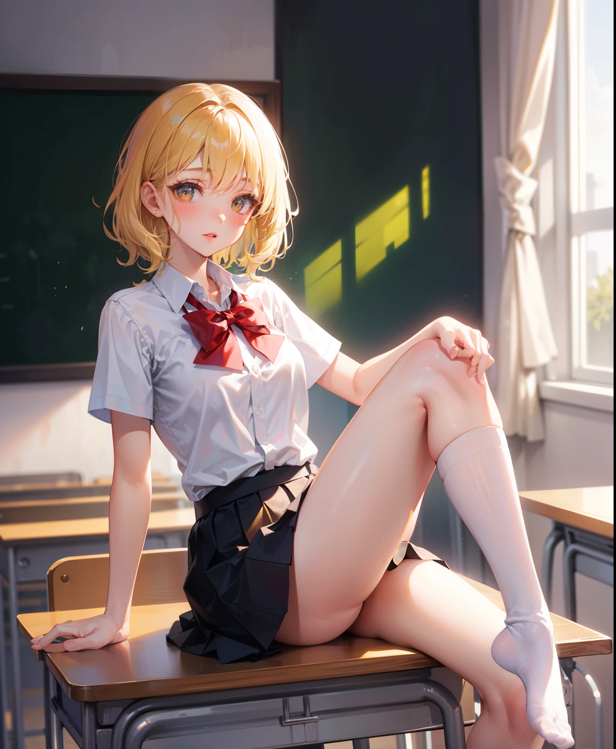 Dynamic posing, dynamic angle, Arrange pose,Top quality work，Show Legs，((short wavy Creamy Golden Blonde hair)),(Creamy Golden Blonde hair),(short hair),(golden eyes), lovely red lips, Rose cheeks, Pretty Face, A perfectly proportioned face, school shirt with red bow and black skirt, (school uniform),  white stockings，in classroom，full-body view， amazing, Large round chest、Beautiful eye details、Beautiful eyelashes、beautiful double eyelid,  with blush cheeks, talking to viewer