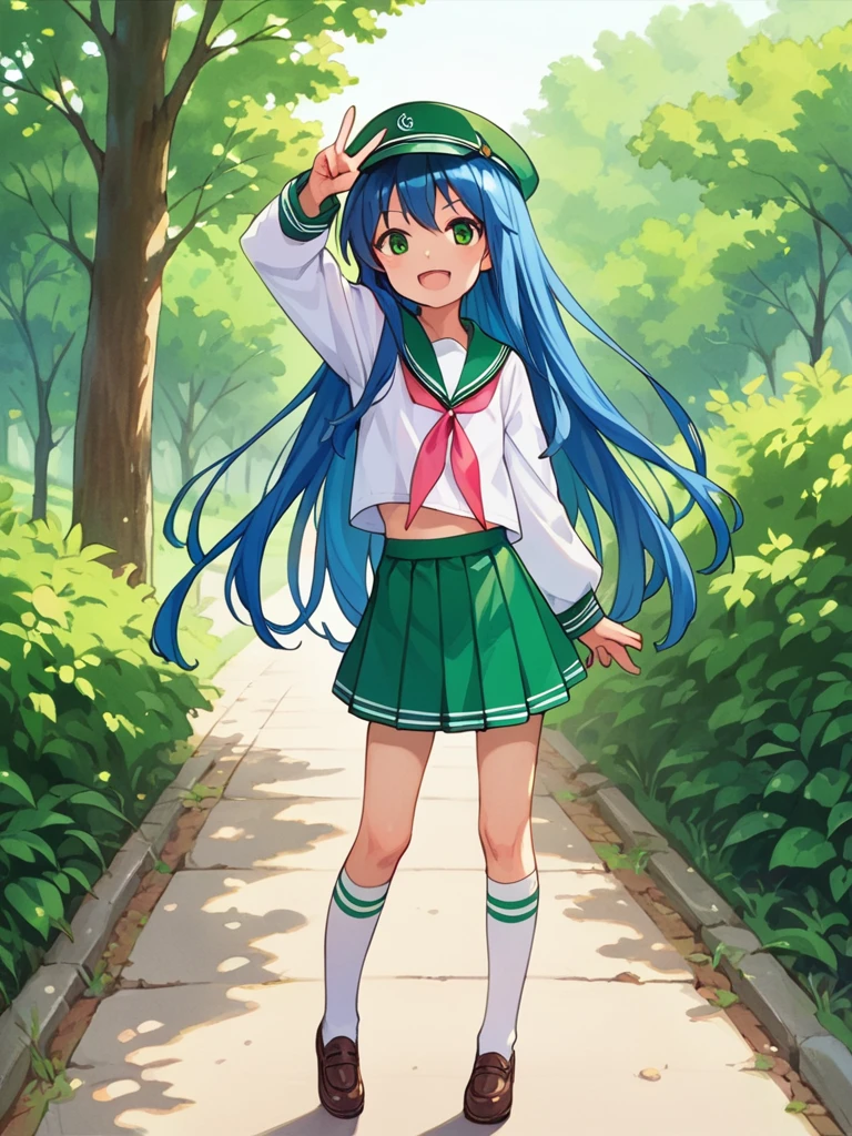 score_9, score_8_up, score_7_up, best quality, masterpiece, source_anime, photo, (natural skin, detailed skin:0.8), uncensored,
( ,cute ,small:0.5), (colourful,Colouring in:1.0),skinny,
konata izumi, long hair, green eyes, blue hair, skinny, 
flat chest, 
1girl, outdoors, serafuku, green miniskirt, green sailor collar, white and green sailor cap, shoes, white and green tighhighs, smile, 
dynamic pose,v,
,   