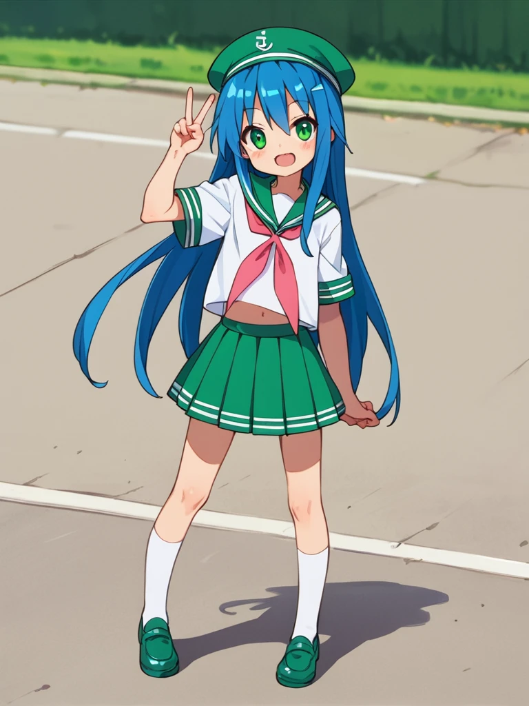 score_9, score_8_up, score_7_up, best quality, masterpiece, source_anime, photo, (natural skin, detailed skin:0.8), uncensored,
(child ,cute ,small girl:0.5), (colourful,Colouring in:1.0),skinny,
konata izumi, long hair, green eyes, blue hair, skinny, 
flat chest, 
1girl, outdoors, serafuku, green miniskirt, green sailor collar, white and green sailor cap, shoes, white and green tighhighs, smile, 
dynamic pose,v,
,   