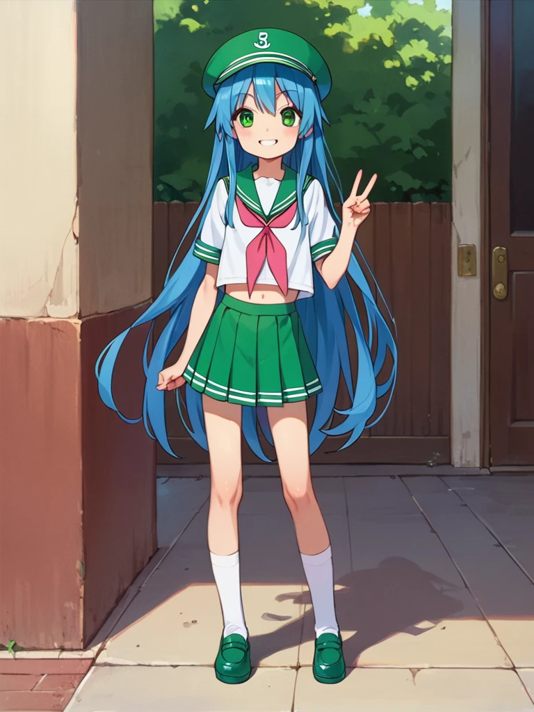 score_9, score_8_up, score_7_up, best quality, masterpiece, source_anime, photo, (natural skin, detailed skin:0.8), uncensored,
( ,cute ,small:0.5), (colourful,Colouring in:1.0),skinny,
konata izumi, long hair, green eyes, blue hair, skinny, 
flat chest, 
1girl, outdoors, serafuku, green miniskirt, green sailor collar, white and green sailor cap, shoes, white and green tighhighs, smile, 
dynamic pose,v,
,   