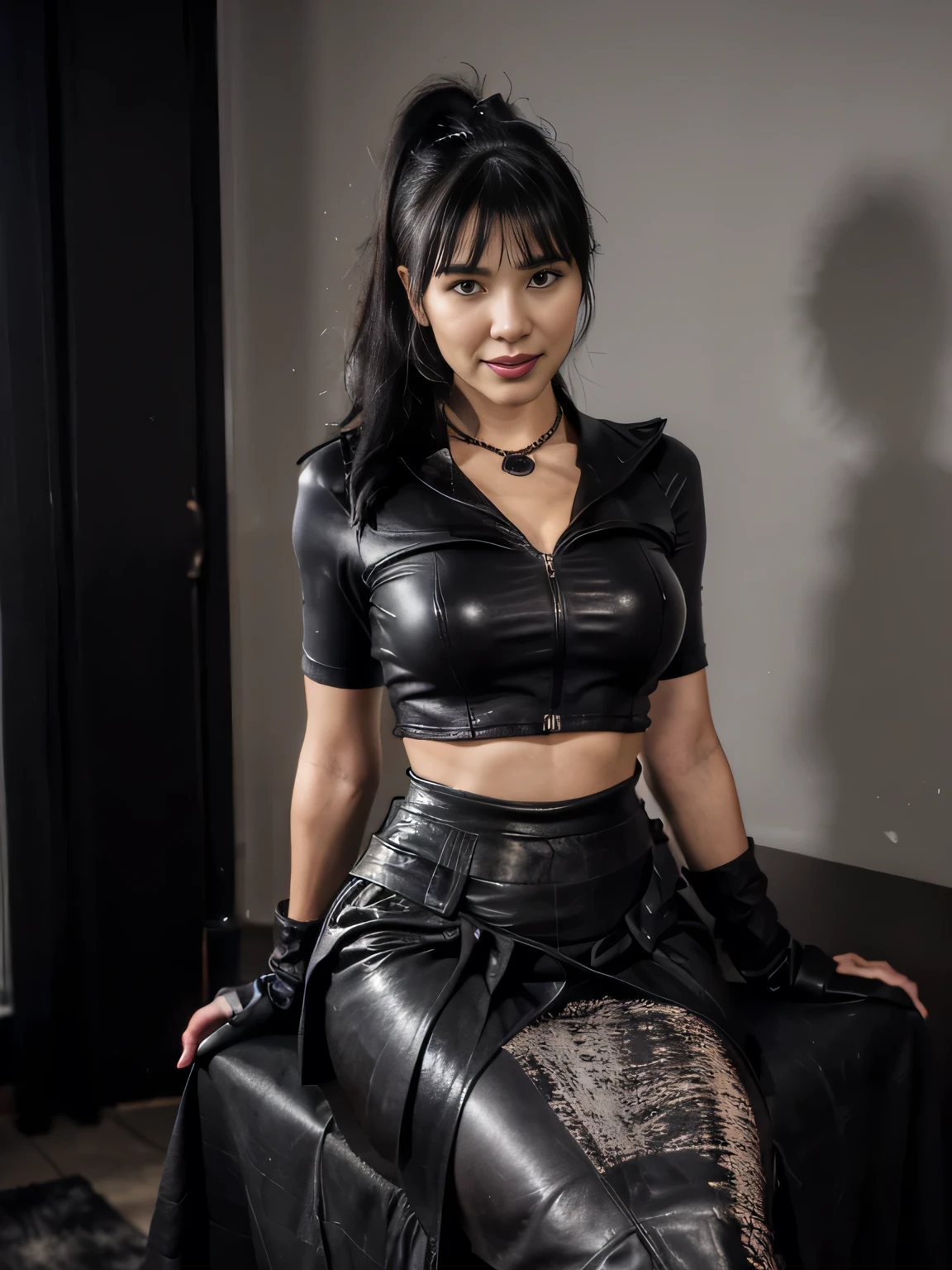 Wearing black leather gloves in both hands, upper body, black leather riders jacket, necklace on the chest, smiling sitting in a stool in the modern study in the dark, ponytail black hair,bettie page at 35 years old,(black leather gloves covering both hands) (( black long maxi-skirt(black long maxi-skirt:1.2 ))with the fingers of black leather gloves, sitting on the chair, write her address for me, she want to make love now, staring at my eyes