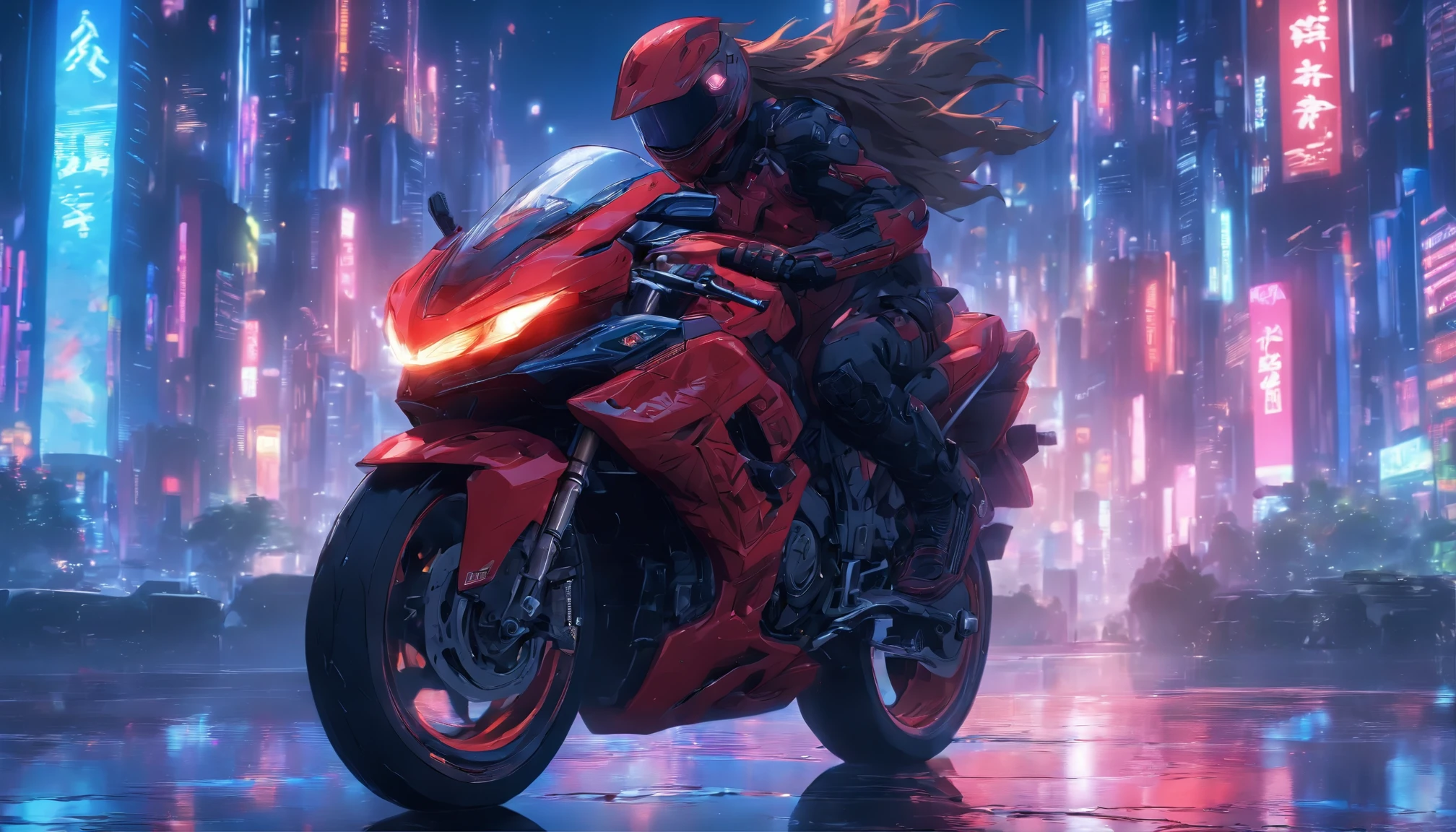 (Best quality, 8k, Masterpiece :1.2), hyper realistic, cyberpunk, at a mountain, an detailed red Motorcycle, When speeding, (Facing the audience), The blue skyscraper in the background, at night,