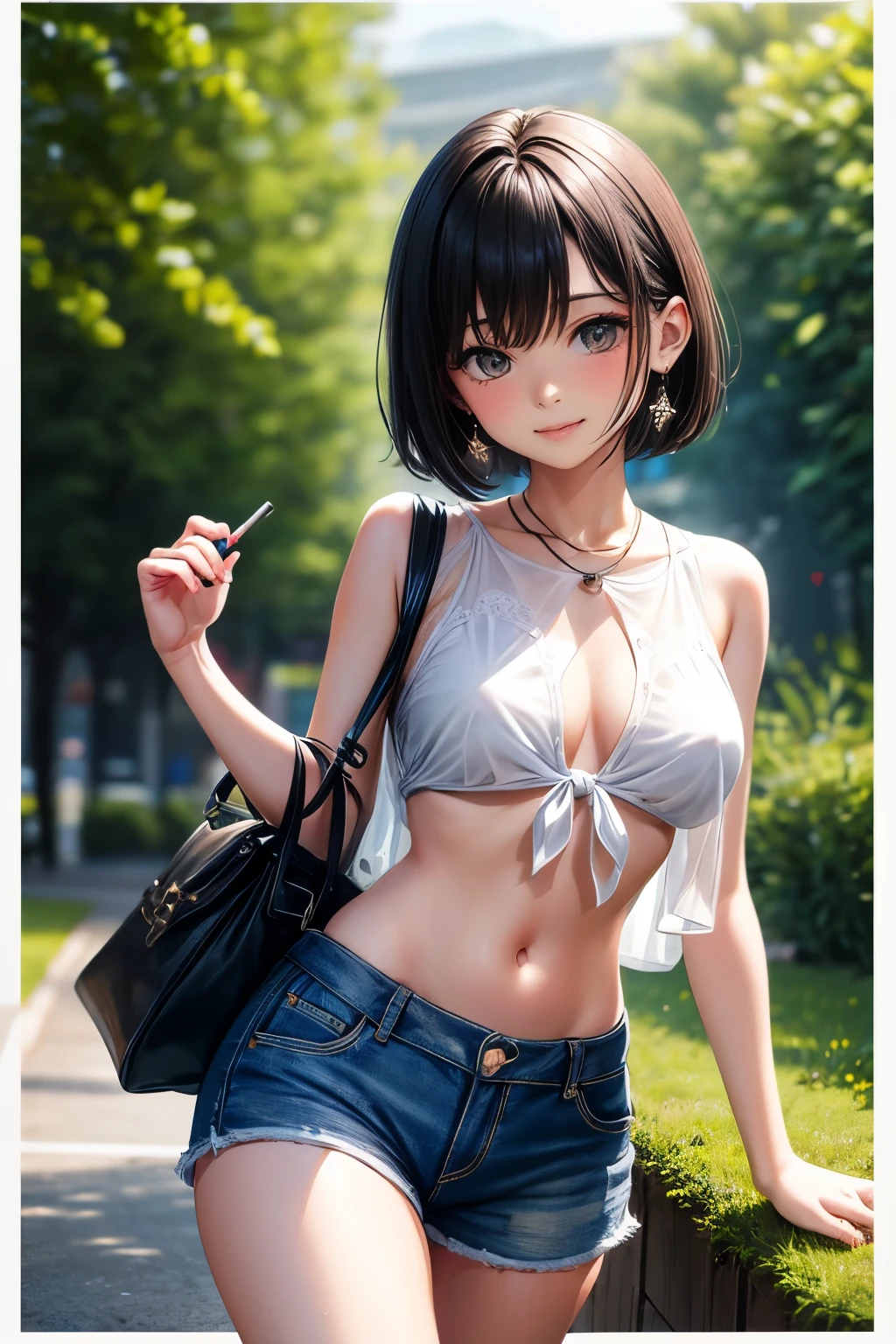 cute、1 girl、bag、Black Hair、chest、Brown eyes、Earrings、Front tie top、gift、Grass、ハンドbag、Heart-shaped box、jewelry、lipstick、Makeup、marker \(middle\)、middle乳、belly button、belly button、Nipples、Outdoor、Painting \(medium\)、plant、See-through、short hair、Shorts、Shorts、solo、Tank top、Traditional Media、ベリーshort hair
