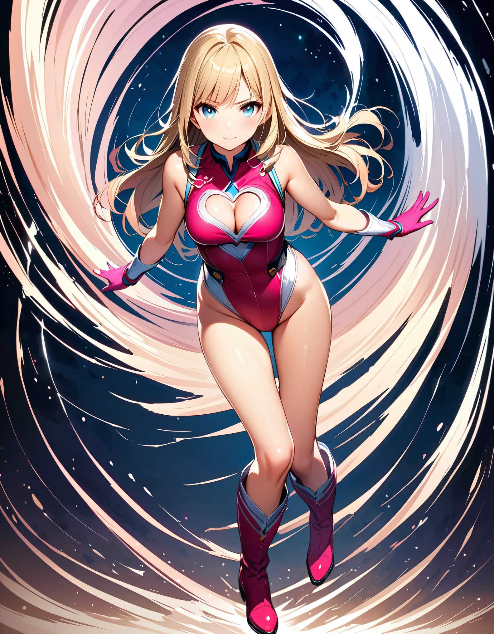 ((masterpiece)), ((best quality)), ((high res)), 1girl, solo, solo focus. (leotard, matching leotard, pink leotard, sleeveless), (bare legs), matching boots. looking at the viewer, blue sky backdrop, hand, perfect hands, complete fingers, perfect anatomy, medium breasts, (blonde hair, long hair, mid-length hair, hair down, bangs), knee boots, blue eyes, beautiful detailed eyes, beautiful detailed face, cute face, (cleavage heart cutout), pink gloves, pink footwear, superhero, heroic, spread arms. standing. spins in place like a tornado. she spins at an incredible speed, creating a whirlwind of air around her. spiral lines around her body, cyclone winds around, tornado spinning. speed lines. full body with costume.