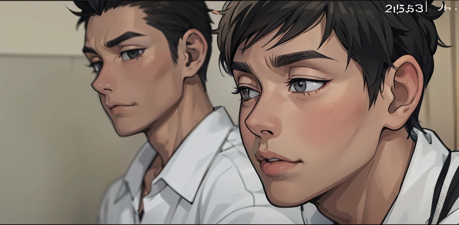 estilo comic anime 2d, cute boy 17 years old thoughtful look distracted gray eyes gray hair 