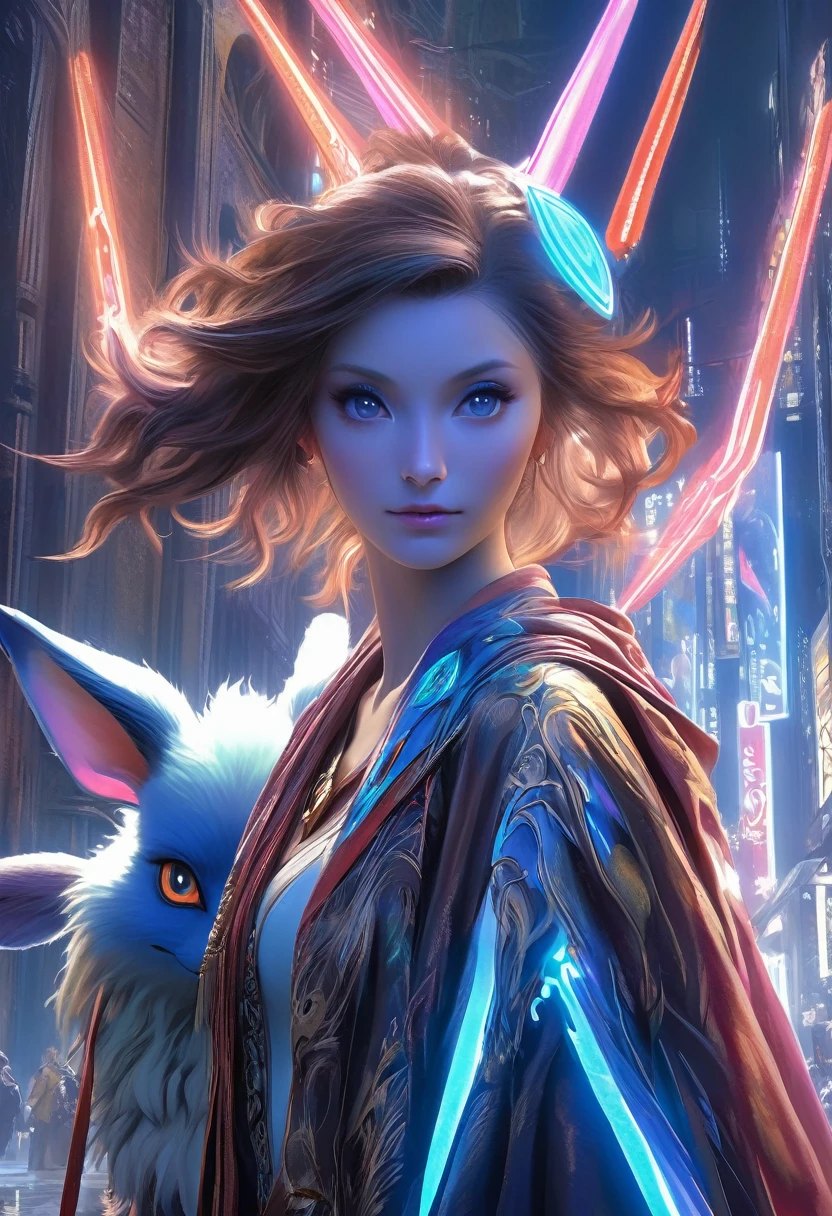 best quality,4k,8k,highres,masterpiece:1.2,ultra-detailed,realistic:1.37,HDR,UHD,studio lighting,ultra-fine painting,sharp focus,physically-based rendering,(Yoshitaka Amano style:1.1),SFW,(safe for work), An italian woman and her guardian familiar, mystical creature,otherworldly creature,kaiju-like,enchanting companions,wearing stylish futuristic clothes,inspired by Phantasy Star Online, dynamic poses, (The woman, with her eyes brightly colored, no makeup and her italian features elegantly detailed, adding to her allure. Dressed in elegant casual clothes with a stylish futuristic jacket.), (She is accompanied by a guardian, a mixture of Eevee and Suicune with exquisite appearance features. The creature's presence adds a sense of wonder and magic to the scene.),(Her guardian has multiple glowing eyes), (The woman and her companion stand in a dark and gothic city, a modern metropolis with exotic alien plants, and vibrant signs. The colors are vibrant, with a mixture of dark blues, browns, and pale reds creating a dreamlike atmosphere.), (The lighting is soft but illuminating, casting a gentle glow on both the woman and the creature.), (The overall composition has a realistic and photorealistic quality, capturing the essence of the scene in intricate detail.), (The art style is inspired by Yoshitaka Amano, known for his ethereal and otherworldly illustrations. The combination of realistic elements with the artist's unique style creates a captivating and visually stunning image.),Greg Rutkowski