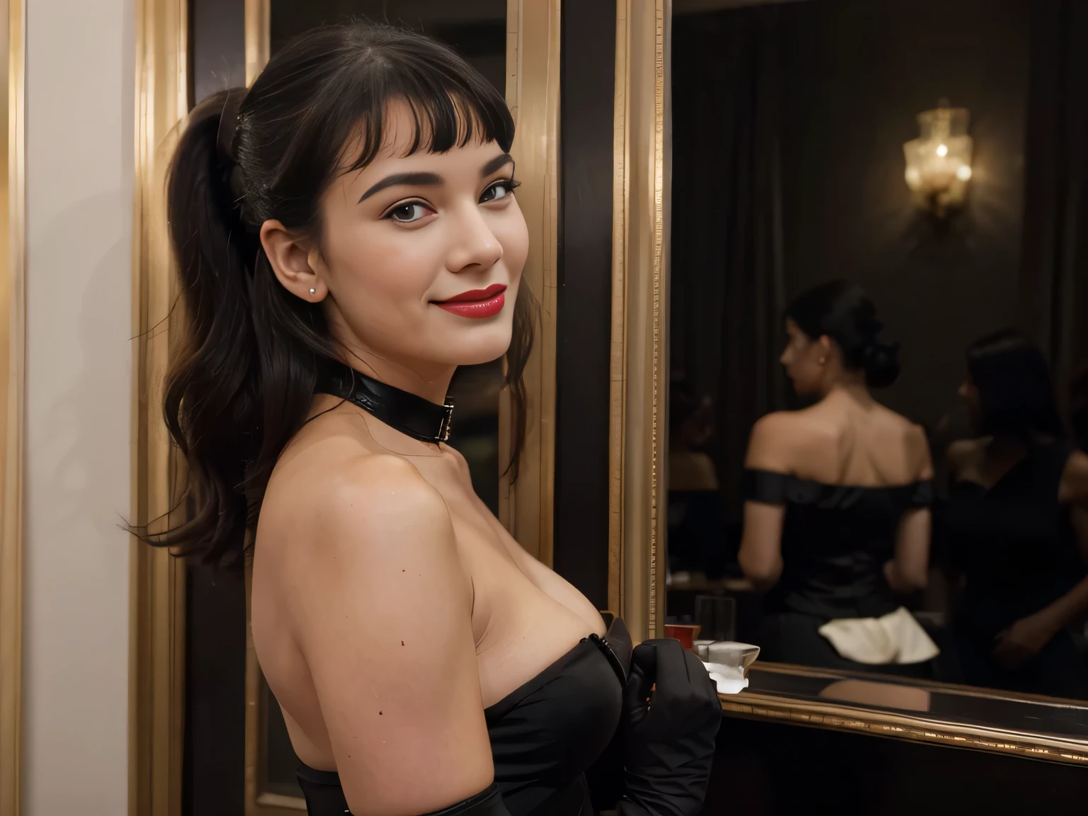 Magazine style photo of a smiling flirting with the camera Bettie page with black ponytail hair wearing a black 1900s off-the-shoulder ball dress and high black gloves inspired by Dior and Céline, red lipstick, direct lighting, at the grand hotel balloorm bar, holding from behind a gorgeous blonde woman,dark plain background, dynamic pose, beautiful body, 160 cm 50 kg, Soho, shot on Kodak Colorplus 200, film photography, f1.8 50mm lens