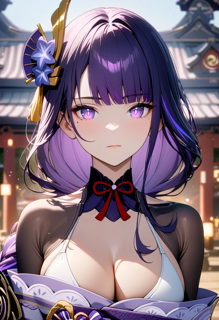 masterpiece, 8k, high resolution, detailed background, bokeh, shrine, raiden shogun, solo, long hair, looking at viewer, standing in front, hair ornament, ((white bikini)), cleavage, closed mouth, purple pupils, purple hair, braid, mole, blurry, sash, mole under eye, purple flower, (sfw), perfect portrait, cinematic background, glowing particles, semi-realistic,