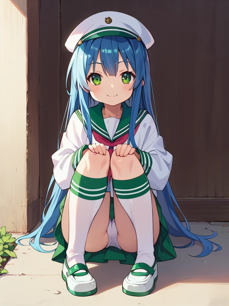 score_9, score_8_up, score_7_up, best quality, masterpiece, source_anime, photo, (natural skin, detailed skin:0.8), uncensored,
( ,cute ,small:0.5), (colourful,Colouring in:1.0),skinny,
konata izumi, long hair, green eyes, blue hair, skinny,
flat chest,
1girl, outdoors, serafuku, green miniskirt, green sailor collar, white and green sailor cap, shoes, white and green tighhighs, smile,
dynamic pose,v,
,