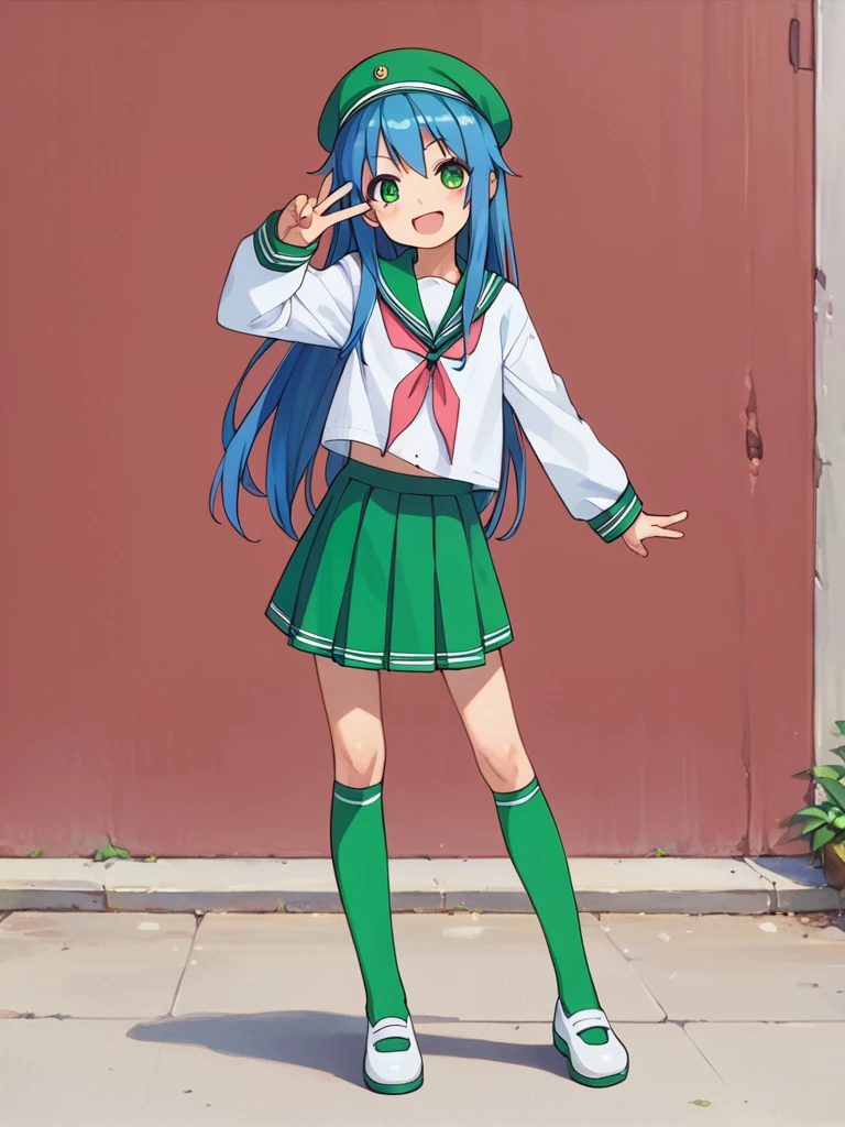 score_9, score_8_up, score_7_up, best quality, masterpiece, source_anime, photo, (natural skin, detailed skin:0.8), uncensored,
(child ,cute ,small girl:0.5), (colourful,Colouring in:1.0),skinny,
konata izumi, long hair, green eyes, blue hair, skinny, 
flat chest, 
1girl, outdoors, serafuku, green miniskirt, green sailor collar, white and green sailor cap, shoes, white and green tighhighs, smile, 
dynamic pose,v,
,   