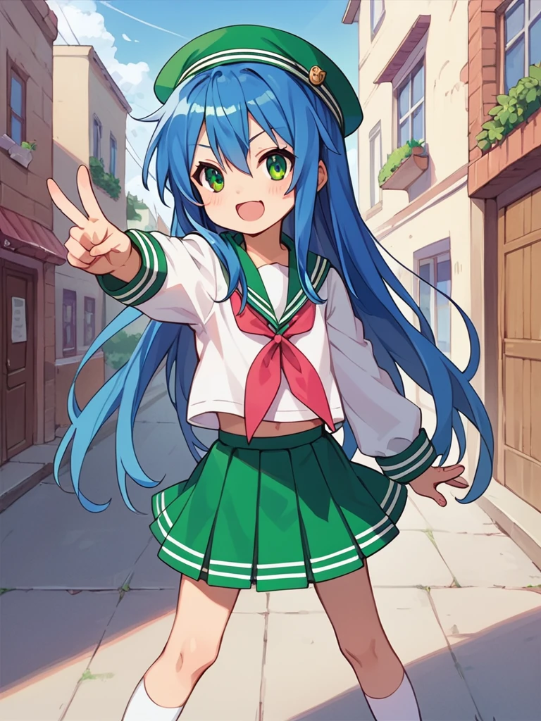 score_9, score_8_up, score_7_up, best quality, masterpiece, source_anime, photo, (natural skin, detailed skin:0.8), uncensored,
( ,cute ,small:0.5), (colourful,Colouring in:1.0),skinny,
konata izumi, long hair, green eyes, blue hair, skinny, 
flat chest, 
1girl, outdoors, serafuku, green miniskirt, green sailor collar, white and green sailor cap, shoes, white and green tighhighs, smile, 
dynamic pose,v,
,   