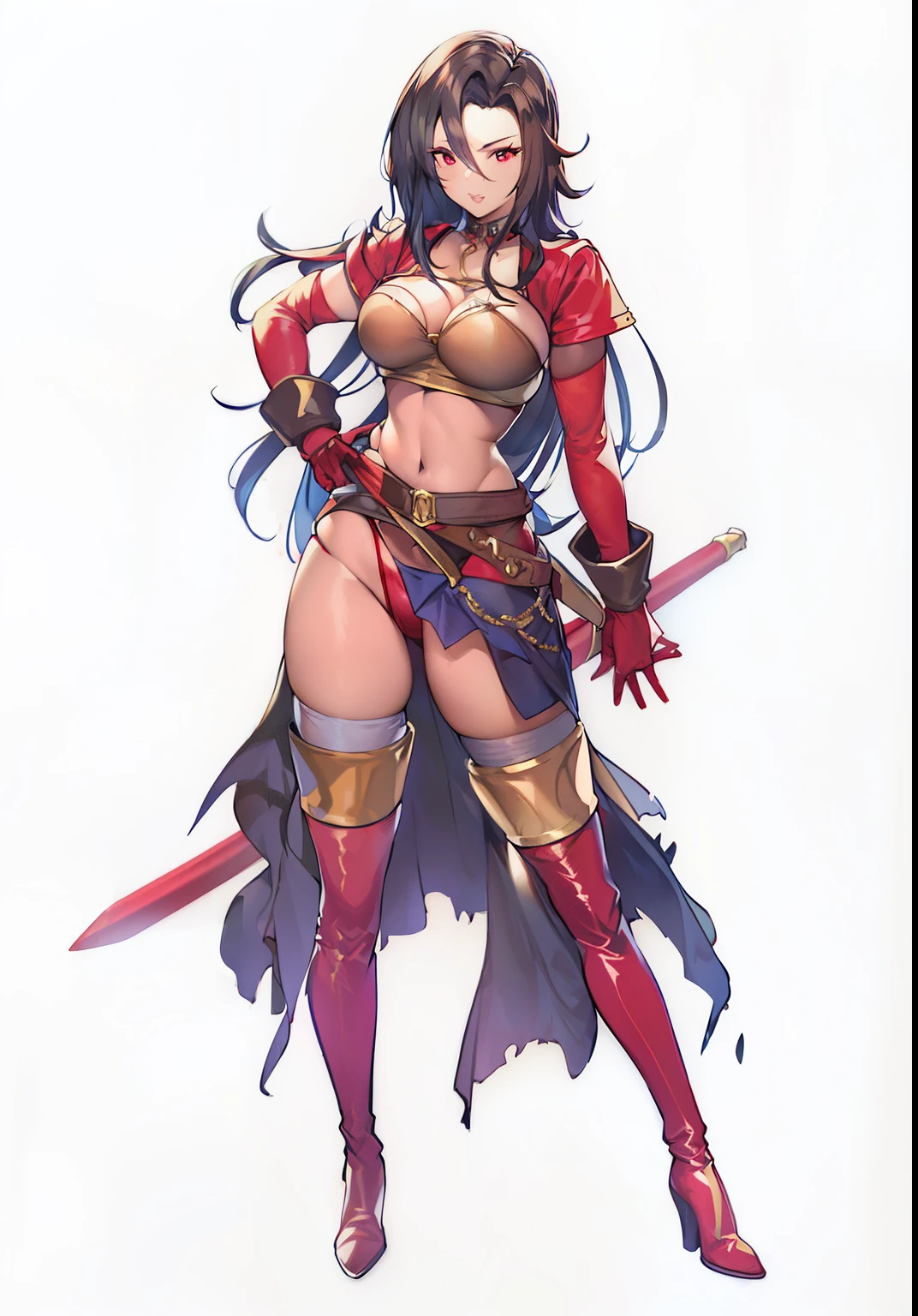 (Aishe from Dragon Quest VII), (mature woman), voluptuous, (huge breasts), wide hips, confident smirk, bright red eyes, narrow eyes, strong colours, long dark brown hair, parted hair, (((red bikini bottoms))), (((dark brown leather corset top))), (((abbreviated short Red jacket))), (((tattered cloth skirt))), red leather gloves, iron choker, longsword, (medieval back alley setting), (exposed naval), red lipstick, red thigh high boots, highly intricate details, sharp contrast, ray tracing lighting, silver trims on clothing, soft frabic texture, anime style, 8K UHD(best quality)+, masterpiece+