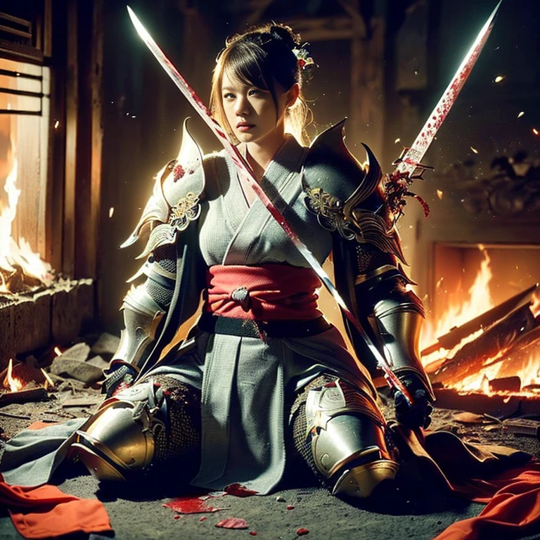 (((Realistic, masterpiece, best quality, crisp detail, high definition, high detail, rich detail, sharp focus, colorful, perfect studio lightning))), ((20 years old goddess, kasumi arimura)),(((in the middle of war, epic war scene, severely wounded, slashed, stabbed by swords, pierced by arrows, attack stance))), wearing (((beautiful ornamented golden heavy armor, decorated full body armor, fully armored beautiful kimono, holding katana, blood scattered face, blood tears, blood bath, blood shed))), (((fire everywhere, blood everywhere, death everywhere, japan bakumatsu period, dead bodies,carcass,burned japanese castle,hellish,chaos)) traditional village background)