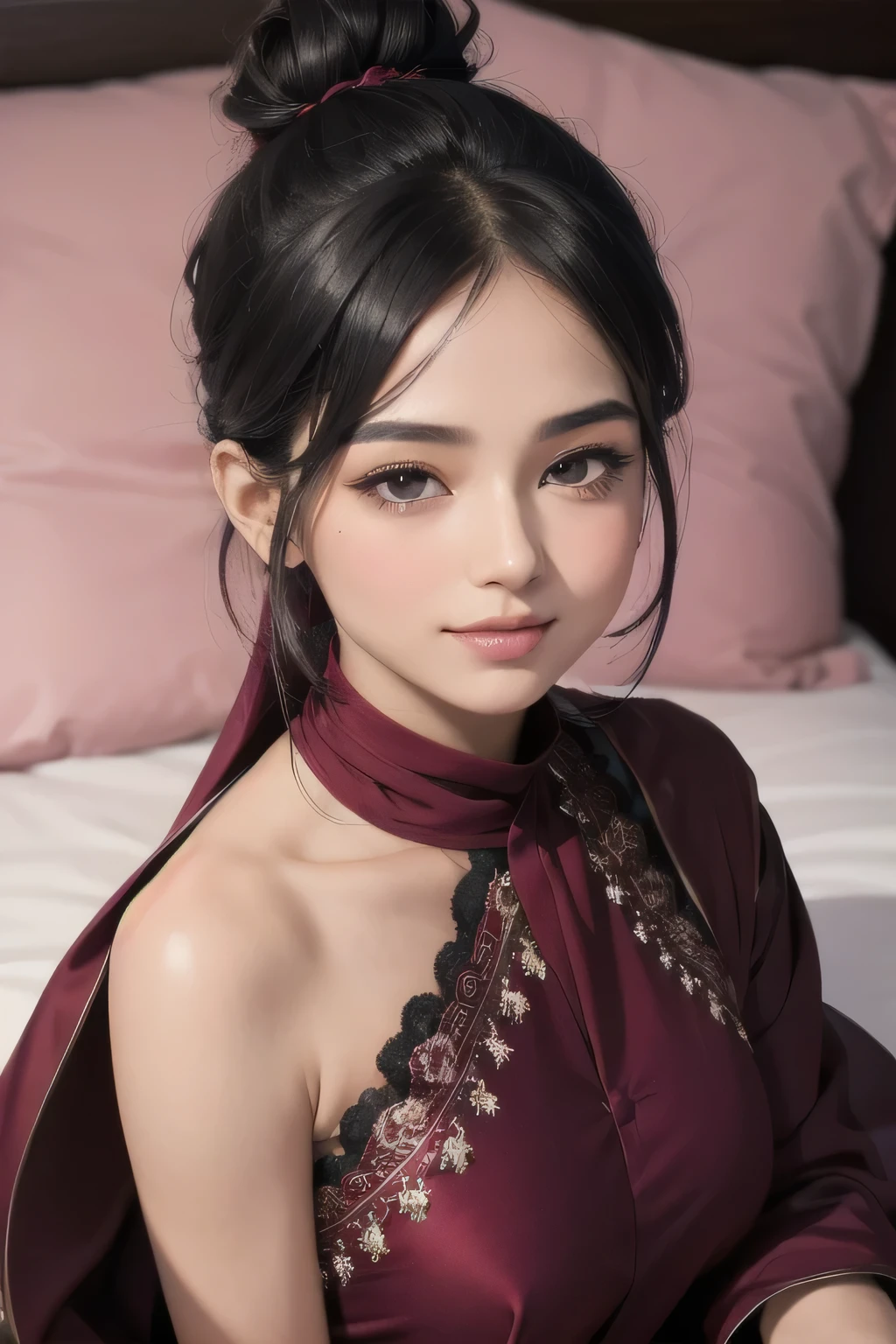 Amazing portrait of a sexy woman with a beautiful face and black hair tied in a bun with smokey eyes lined with an eyeliner and her glossy lips are parted while blushing intensely and smiling wearing maroon kurta pajama with maroon sheer shawl while lying on bed with her head on a pillow facing towards the viewer