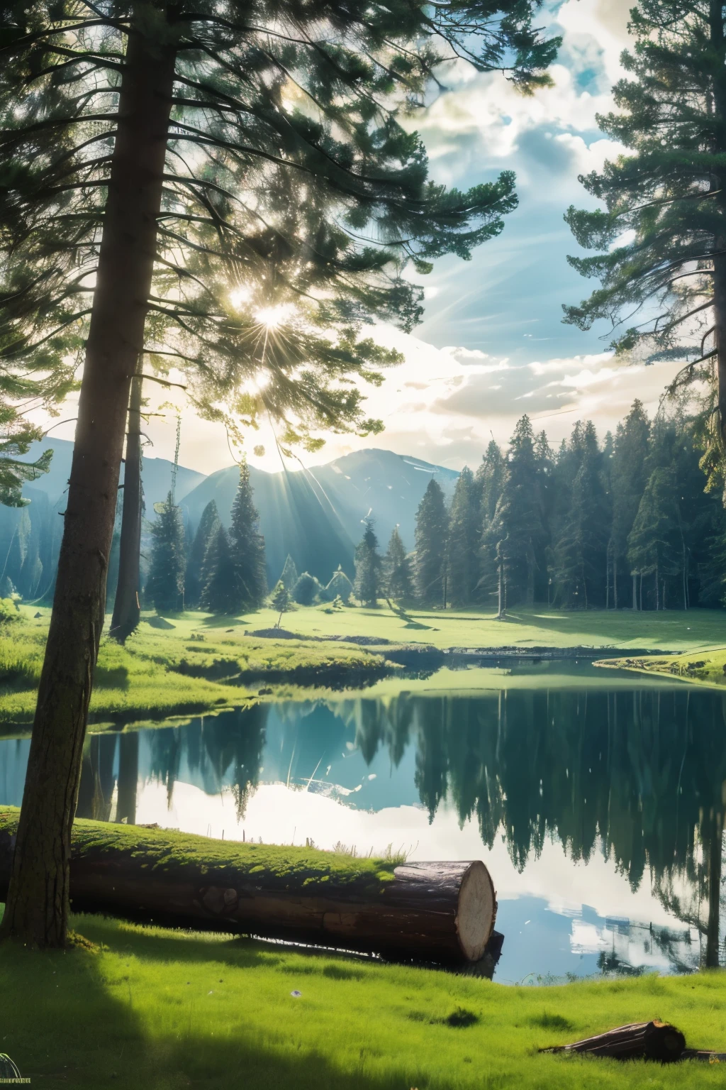 (masterpiece:1.2), (best quality,:1.2), 8k, ((clearing with bright green grass)), ((distant fir forest)), (sunrays), (((distant big pond with a log on the shore))), clouds, happy mood
