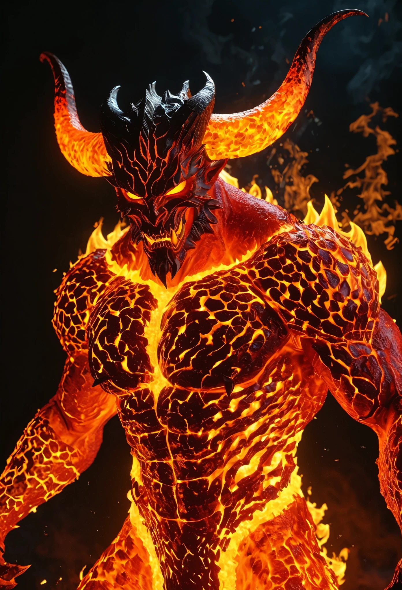 Lava Demon,\(conceptual design\),Half of the devil is made up of magma,Smooth transition,(luminescent),Low light,masterpiece,The finest details,8k,Clear focus,Ray Tracing,