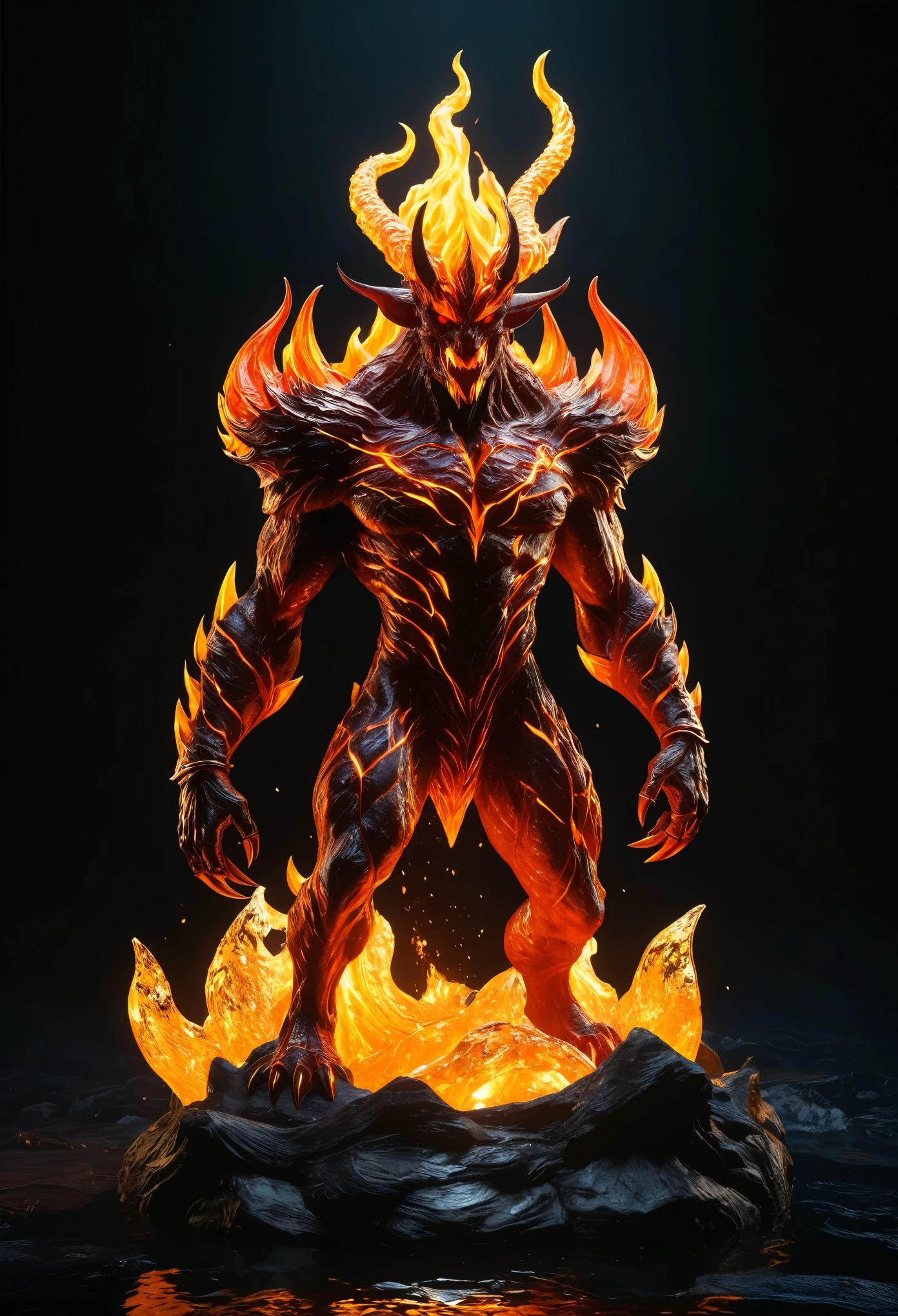 A Lava Demon emerges from the depths, its fiery body forged from molten magma. With a conceptual design, the demon showcases a smooth transition from solid rock to flowing lava, capturing the essence of its infernal origins. Luminescent veins of molten fire course through its core, casting an eerie glow in the low light. This masterpiece of a creature is portrayed with the finest details, rendered in stunning 8k resolution. Every texture and contour is meticulously crafted, showcasing the demonic intricacies. The focus is crystal clear, allowing each meticulously rendered element to shine. Ray tracing technology adds a touch of realism, illuminating the demon with realistic lighting and reflections, truly bringing it to life.