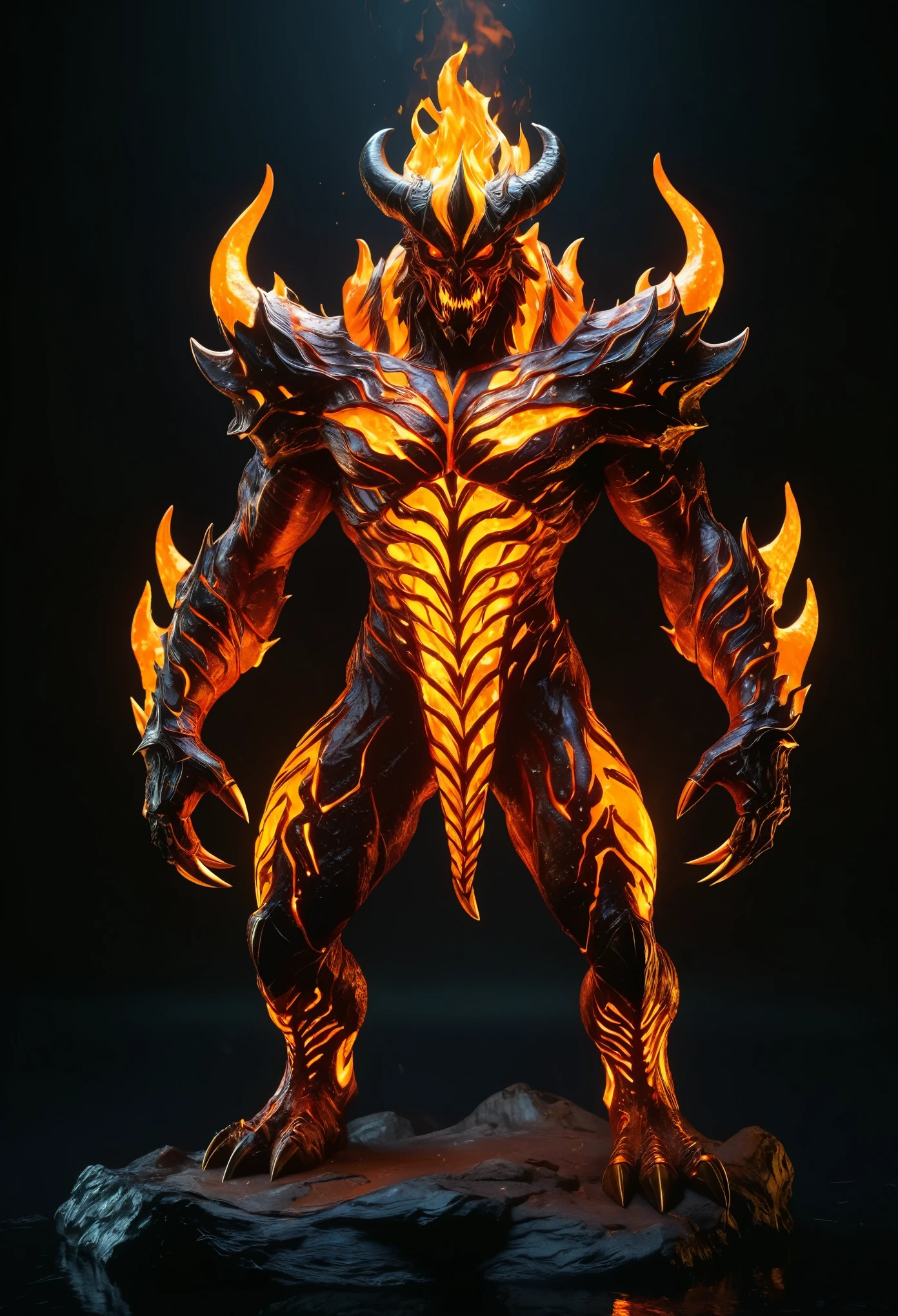 A Lava Demon emerges from the depths, its fiery body forged from molten magma. With a conceptual design, the demon showcases a smooth transition from solid rock to flowing lava, capturing the essence of its infernal origins. Luminescent veins of molten fire course through its core, casting an eerie glow in the low light. This masterpiece of a creature is portrayed with the finest details, rendered in stunning 8k resolution. Every texture and contour is meticulously crafted, showcasing the demonic intricacies. The focus is crystal clear, allowing each meticulously rendered element to shine. Ray tracing technology adds a touch of realism, illuminating the demon with realistic lighting and reflections, truly bringing it to life.