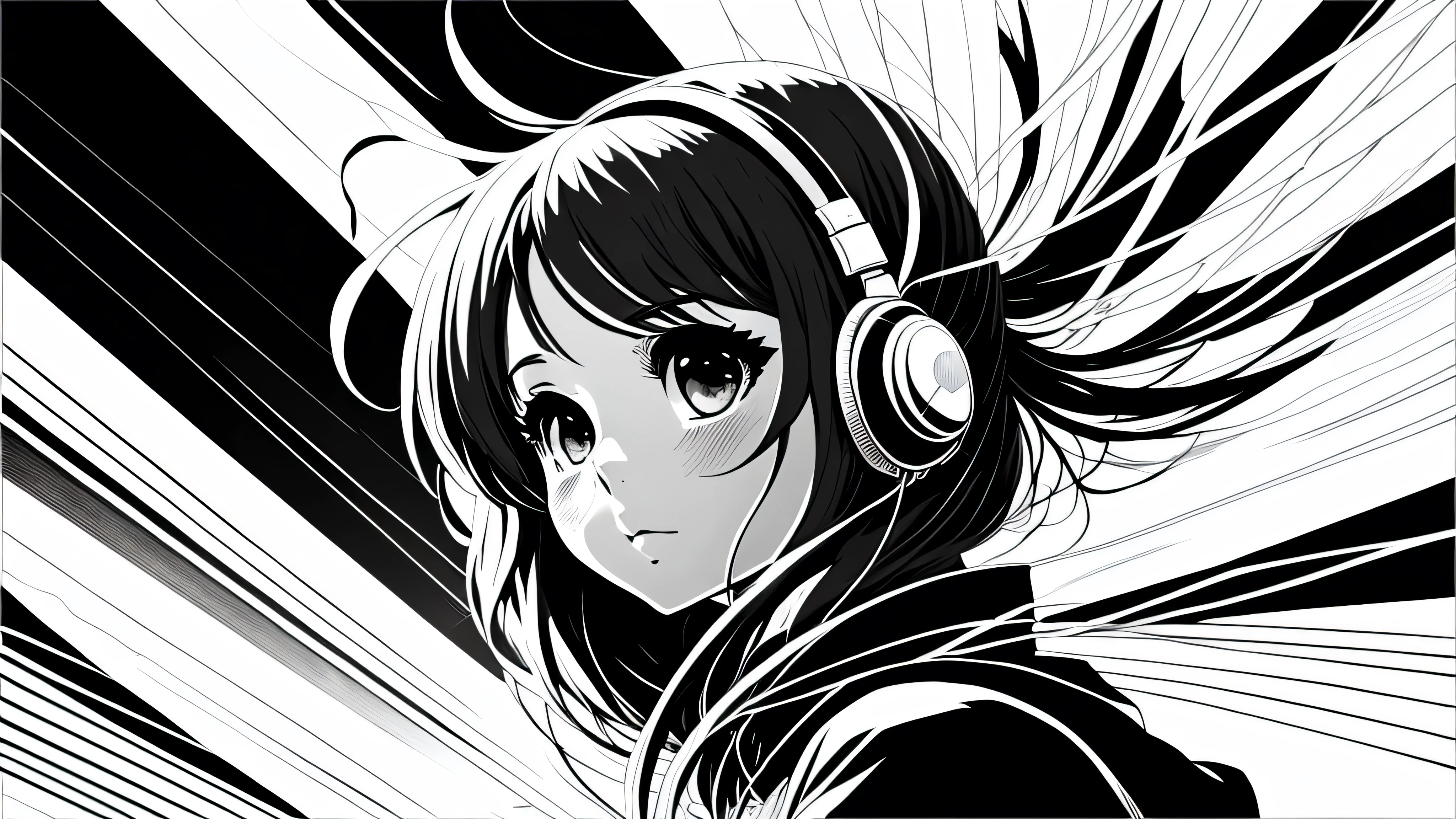 line art, best quality, super fine, monochrome, portrait, anime girl, wearing headphones, looking at viewer, fantasy image, fantastic and mysterious, wind, wind effect, motion blur, action lines, lines quick