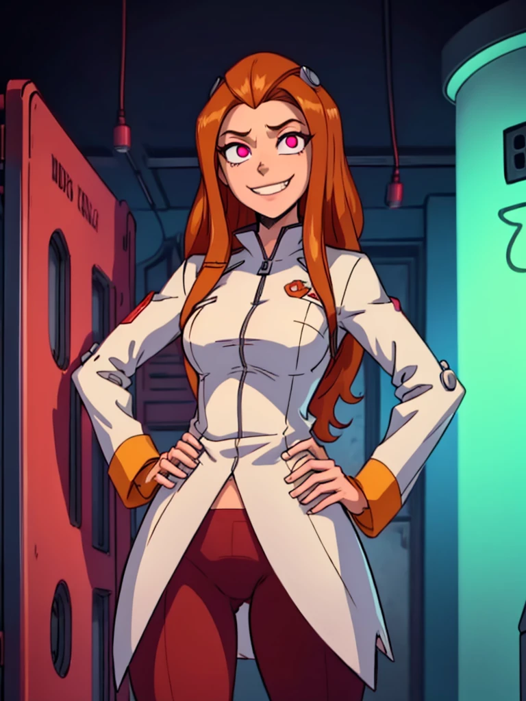 Sfw, mind control Sam by spider helmet robot, ginger hair, 'I have Sam's body', successfully possessed Sam, Glowing red piercing eyes, pervy evil grin, 'this is my body now', hahahaha, satisfying looks, venus body, , wearing white laboratory coat with green spy suit underneath, hands on hip