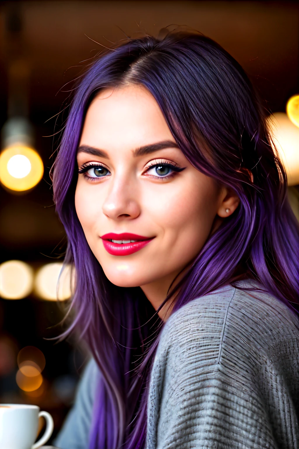 A portrait photo of a beautiful influencer woman, with captivating purple hair, mesmerizing blue eyes, bold red lips, and a charming, irresistible smile, in the cozy ambiance of a modern coffe shop, human details, 8k resolution, realistically rendered - every detail meticulously captured,intricate high details, sharp focus, detailed complexion, authentic skin texture, profoundly textured eyes,professionally executed, maximally detailed, ultrarealistic, photorealistic rendering, photography.

In this 8k ultra-high definition photograph, the enchanting influencer captures the eye and transports the viewer into the charming, intimate setting of