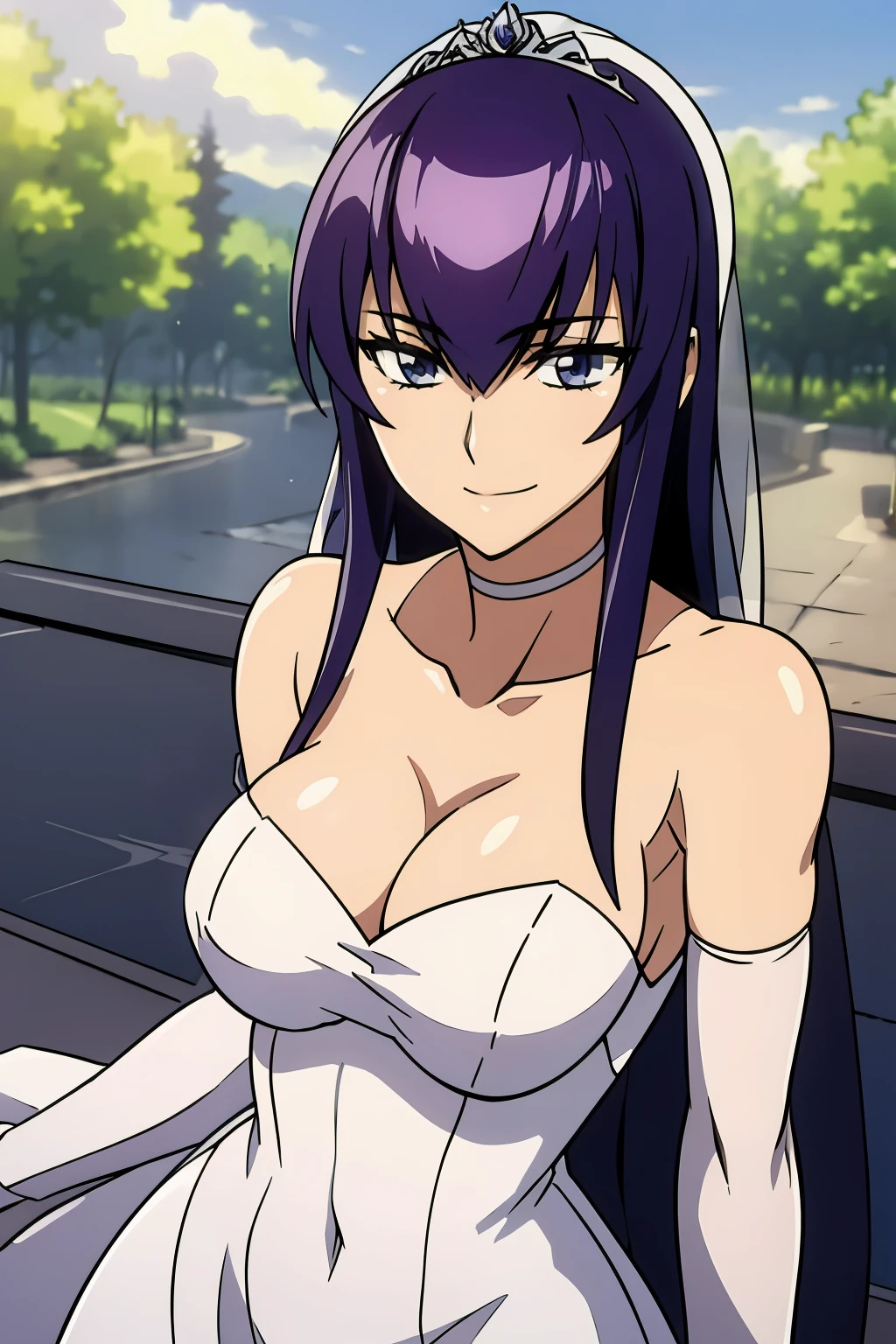 Saeko Busujima, hair between eyes, ahoge, purple hair, star \(symbol\), hair ornament, ruffled tulle dress, cleavage, bare shoulders, collarbone, long white elbow gloves, white gloves, white dress, white choker, strapless, tiara, veil, strapless dress, wedding dress, bridal veil, beautiful woman, perfect body, perfect breasts, wearing a wedding dress, ball gown, in the park trees, wedding decorations, a warm smile, realism, masterpiece, textured skin, super detail, high detail, high quality, best quality, 1080p, 16k