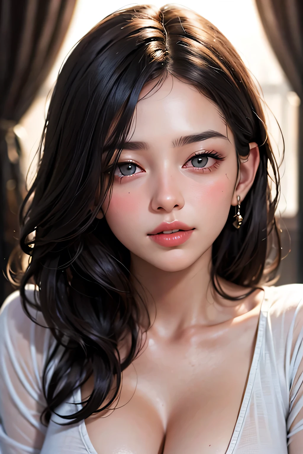 Amazing portrait of a sexy and cute woman with a beautiful face with black brown long straight hair and weak eyes while blushing intensely and her lips are parted being ready to kiss wearing a long oversized white shirt