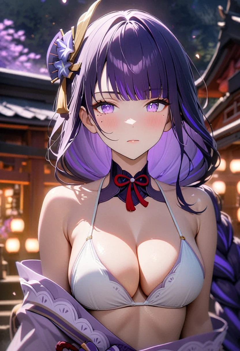 masterpiece, 8k, high resolution, detailed background, bokeh, shrine, raiden shogun, solo, long hair, looking at viewer, standing in front, ((white bikini)), cleavage, closed mouth, purple pupils, purple hair, braid, mole, blurry, mole under eye, purple flower, (sfw), perfect portrait, cinematic background, glowing particles, semi-realistic, 