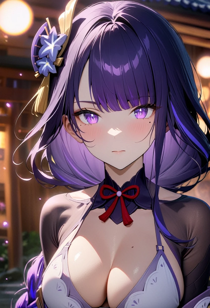 masterpiece, 8k, high resolution, detailed background, bokeh, shrine, raiden shogun, solo, long hair, looking at viewer, standing in front, ((white bikini)), cleavage, closed mouth, purple pupils, purple hair, braid, mole, blurry, mole under eye, purple flower, (sfw), perfect portrait, cinematic background, glowing particles, semi-realistic,
