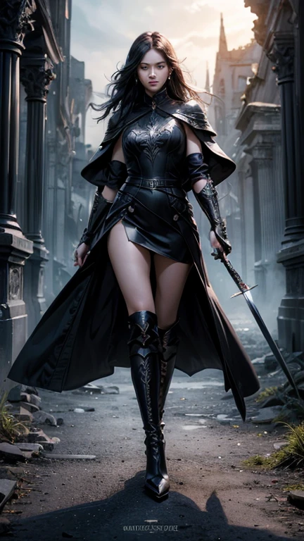 ((highest quality, Ultra-high resolution,masterpiece,8K))、(Delicate face、Detailed eyes and face、double eyelid、Pretty Face)、alone,Black Dress Armor,High heel boots,Full body portrait,Cinematic lighting、Slender body,Holding the Sword,Robe,coat,Surreal concept, Walk through the ruins, Realistic,Diagonal angle