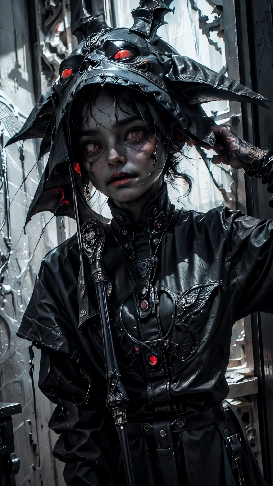 The prompt for the given theme is:
"black color, ram's head, Death's scythe, infernal horror, overlooking, tattered clothes, downward gaze, illustrations, highres, ultra-detailed, dark fantasy, sharp focus, vivid colors, dramatic lighting, bokeh"