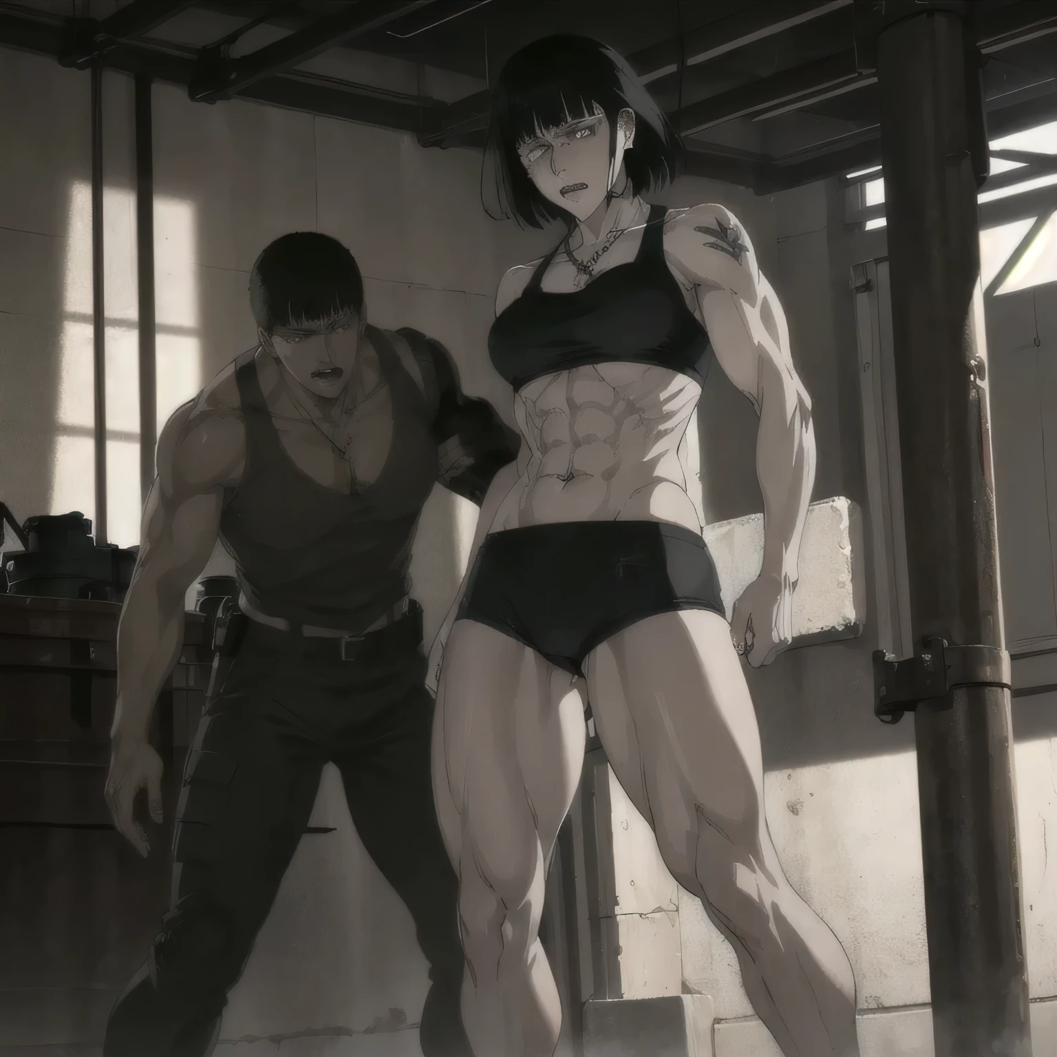 (best quality,ultra-detailed,realistic:1.37),musclaur badass girl with sculpted body with preview her musclaur body and six-pack, full review of the female character's face and body, intense expression, strong and confident posture, studio lighting, vivid colors, physiologically-based rendering, grungy texture, rugged background, dust particles in the air, commanding presence, professional, powerful, gritty aesthetics,,Valmet،short hair,necklace,clean muscles،wearing military male underwear and midriff tank top, tattoos on shoulders,clean clothes,boxing stand position