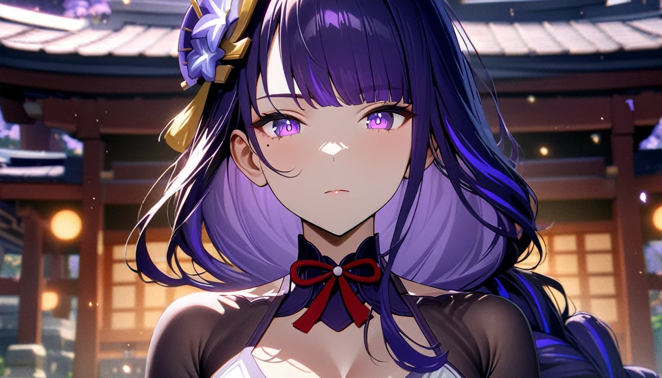 masterpiece, 8k, high resolution, detailed background, bokeh, shrine, raiden shogun, solo, long hair, looking at viewer, standing in front, ((white bikini)), cleavage, closed mouth, purple pupils, purple hair, braid, mole, blurry, mole under eye, purple flower, (sfw), perfect portrait, cinematic background, glowing particles, semi-realistic, 