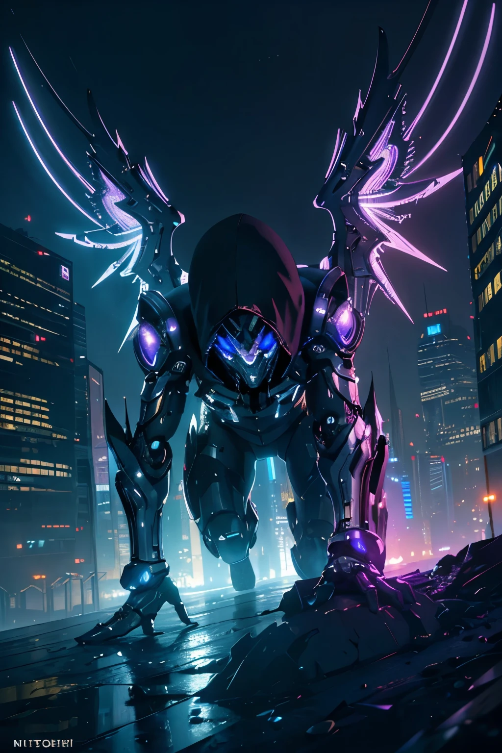 ((Masterpiece, Best Quality, photograph realistic)), (Shiny metal and neon lights), (nfsw, 8K Wallpaper, High resolution), Advanced Anatomy, Dynamic pose, Mechanized limbs and cybernetic angel wings, Physically-based rendering, Award-winning, High-definition texture, Extra detailed face, Hidden identity, Scarf and hood, Modern weapon, Neon cityscape at night, View from below, ((Detailed background: 1.0)), City lights reflection, ((Invicing atmospheric presence: 1.0)), ((Thrilling and mysterious: 1.0)), ((Masterpiece)), Adult angel man with mechanical scorpion exoskeleton and two cyber wings