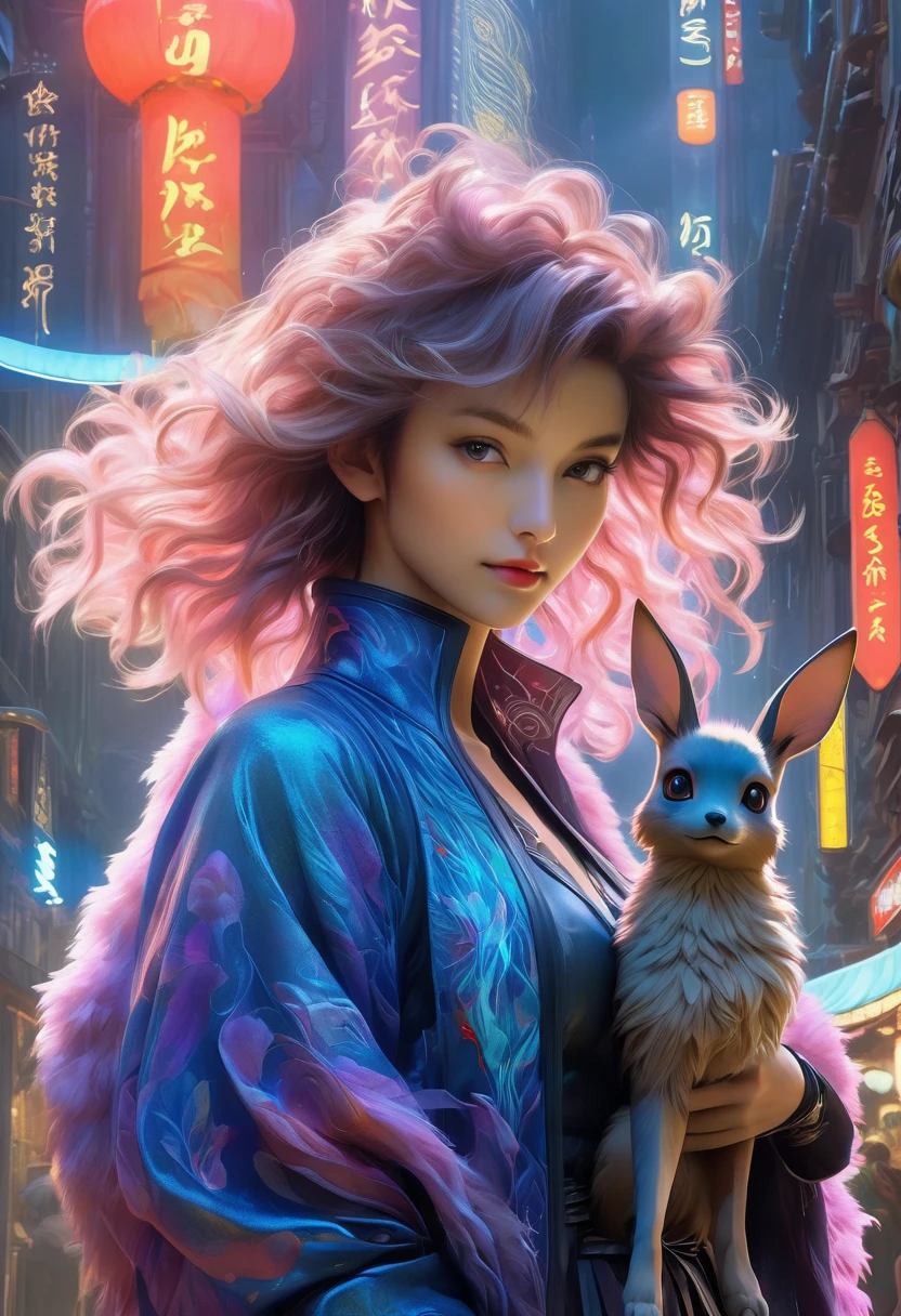 best quality,4k,8k,highres,masterpiece:1.2,ultra-detailed,realistic:1.37,HDR,UHD,studio lighting,ultra-fine painting,sharp focus,physically-based rendering,(Yoshitaka Amano style:1.1),SFW,(safe for work), An italian woman and her guardian familiar, mystical creature,otherworldly creature,kaiju-like,enchanting companions,wearing stylish futuristic clothes,inspired by Phantasy Star Online, dynamic poses, (The woman, with her eyes brightly colored, no makeup and her italian facial features elegantly detailed, adding to her allure. Dressed in elegant casual clothes with a stylish futuristic jacket.),(She has beautiful short curly hair), (She is accompanied by a guardian, a mixture of Suicune and Eevee with exquisite appearance features. The creature's presence adds a sense of wonder and magic to the scene.), (The woman and her companion stand in a dark and gothic city, a modern metropolis with exotic alien plants, and vibrant signs. The colors are vibrant, with a mixture of dark blues, browns, and pale reds creating a dreamlike atmosphere.), (The lighting is soft but illuminating, casting a gentle glow on both the woman and the creature.), (The overall composition has a realistic and photorealistic quality, capturing the essence of the scene in intricate detail.), (The art style is inspired by Yoshitaka Amano, known for his ethereal and otherworldly illustrations. The combination of realistic elements with the artist's unique style creates a captivating and visually stunning image.),Greg Rutkowski