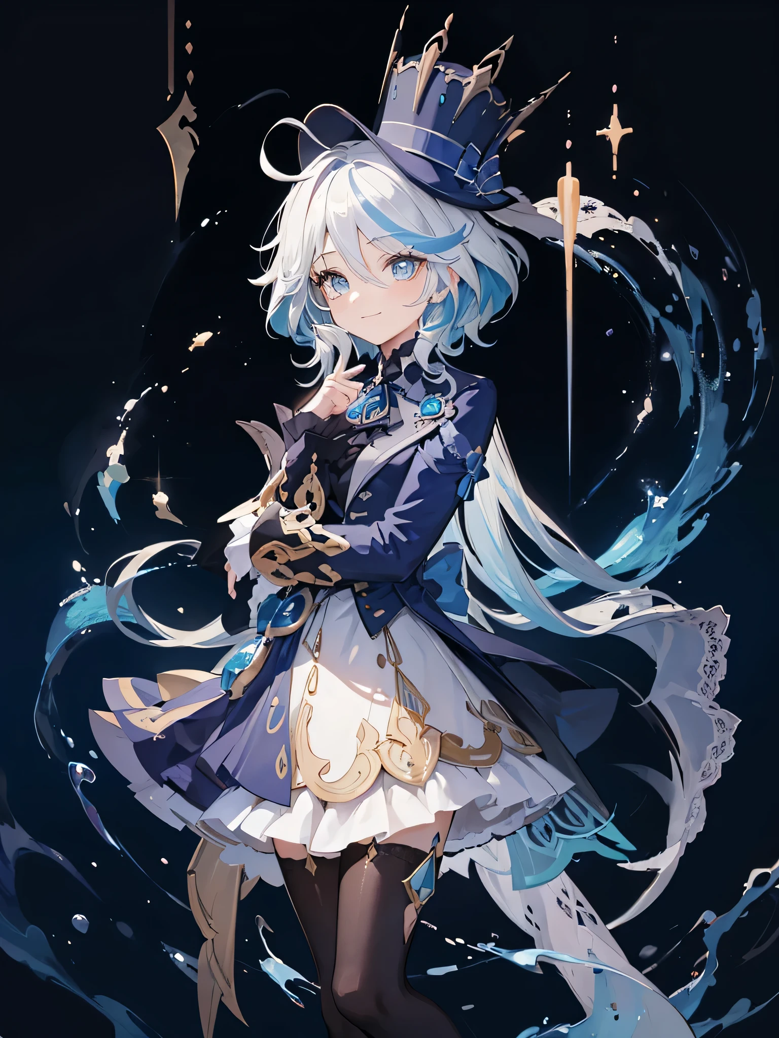 one girl, very cute girl, light smile, game illustration, furina, white hair, highlighted hair, blue hair, blue eyes, top hat, jump, hand-drawn illustrations, jewelry up, don't show fingers.