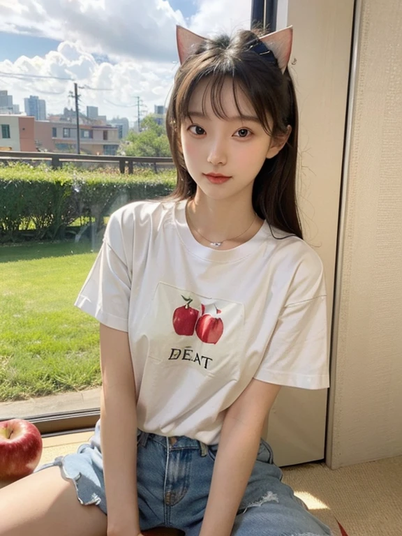 a large amount of apples, Cat耳の女の子, Cat耳, Cat,Ｔshirt,