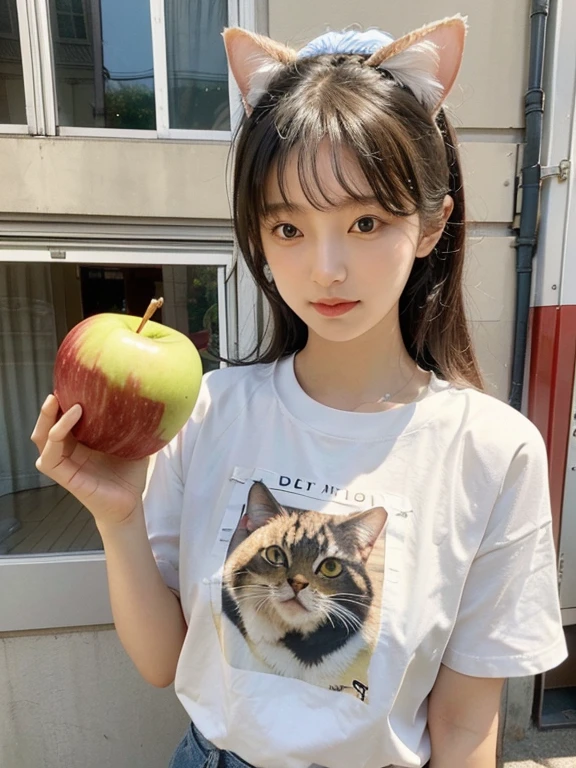 a large amount of apples, Cat耳の女の子, Cat耳, Cat,Ｔshirt,