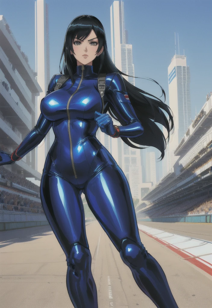 (a cartoon picture of a solo woman in a blue latex suit inspired by: nico robin, tifa lockhart, marin kitagawa fanart, hinata hyuga, mayuri shiina, character from king of fighters, drawn like the anime speed racer), seductive anime girl, thicc, biomechanical oppai, on a racetrack, oppai, wearing tight suit, cyberpunk racetrack, (illustration inpired by : f zero, redline, wipeout, speed racer and king of fighters)