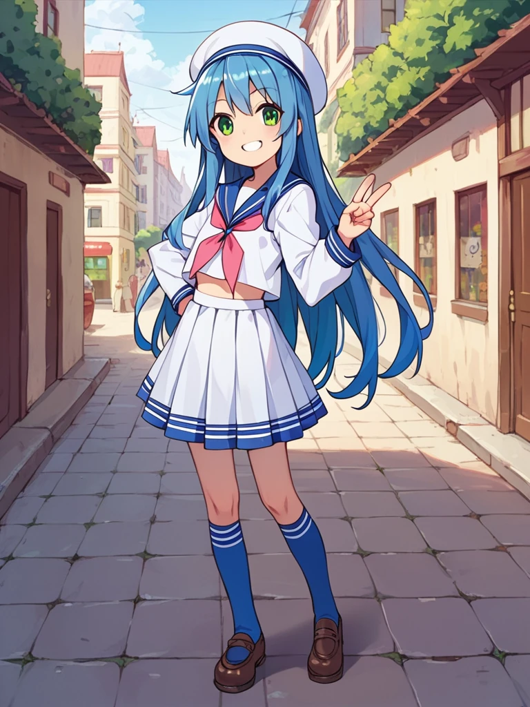 score_9, score_8_up, score_7_up, best quality, masterpiece, source_anime, photo, (natural skin, detailed skin:0.8), uncensored,
(child ,cute ,small girl:0.5), (colourful,Colouring in:1.0),skinny,
konata izumi, long hair, green eyes, blue hair, skinny, 
flat chest, 
1girl, outdoors, serafuku, blue miniskirt, blue sailor collar, white and blue sailor cap, shoes, white and blue tighhighs, smile, 
dynamic pose,v,
,   