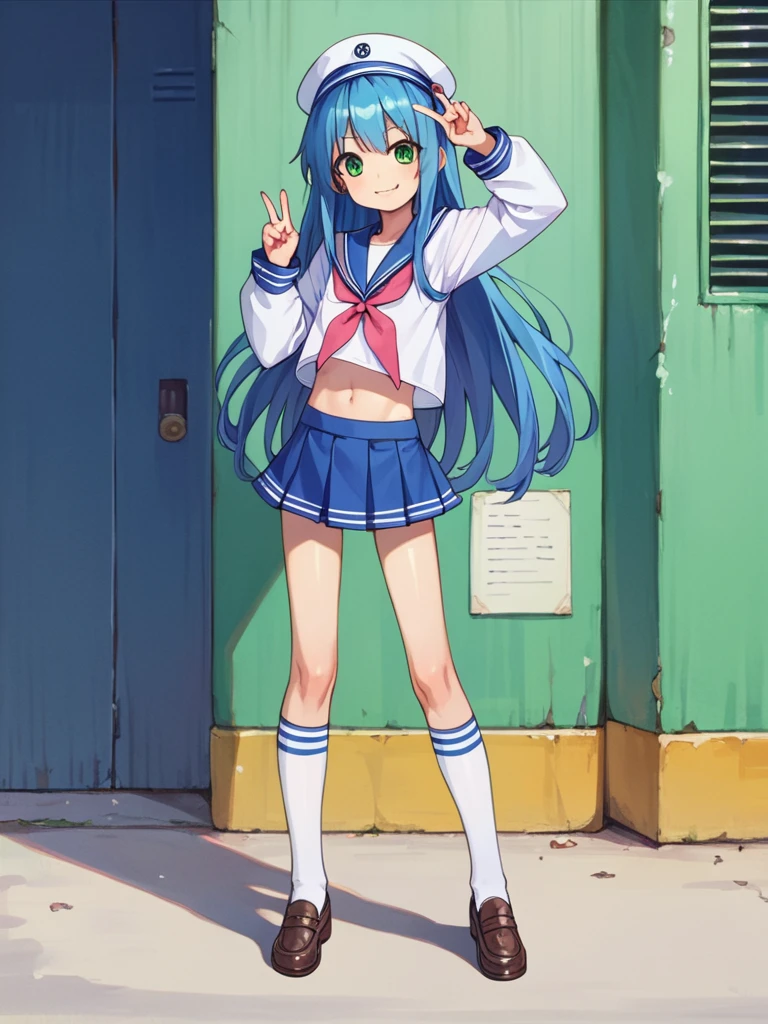 score_9, score_8_up, score_7_up, best quality, masterpiece, source_anime, photo, (natural skin, detailed skin:0.8), uncensored,
(child ,cute ,small girl:0.5), (colourful,Colouring in:1.0),skinny,
konata izumi, long hair, green eyes, blue hair, skinny, 
flat chest, 
1girl, outdoors, serafuku, blue miniskirt, blue sailor collar, white and blue sailor cap, shoes, white and blue tighhighs, smile, 
dynamic pose,v,
,   