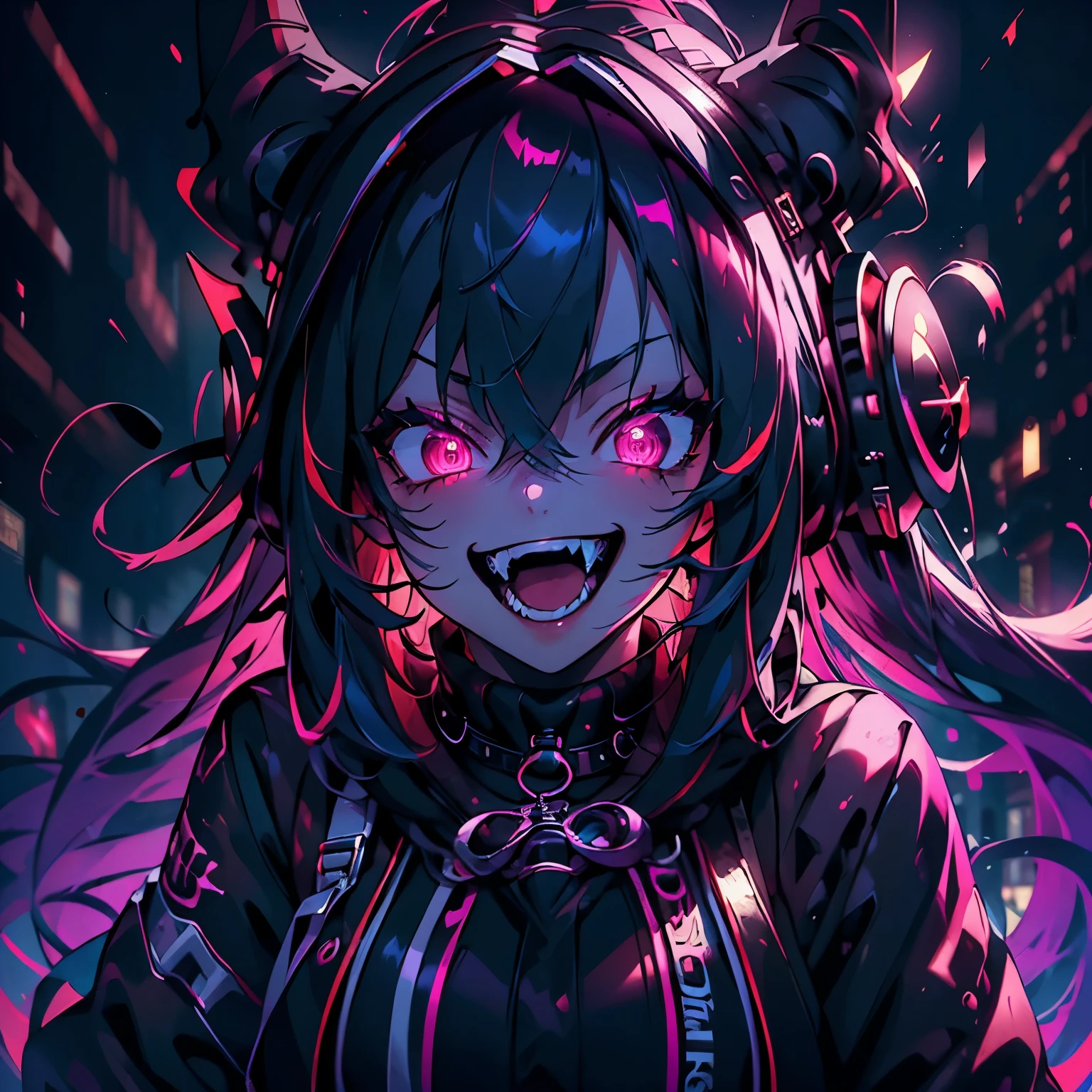 (ultra-detailed), (masterpiece), (best quality), (depth of field), (sharp focus), (cinematic lighting), (vibrant colors), 1girl, crazy smile, fangs, glowing eyes, dynamic pose, upper body shot, monster, headphones, streetwear