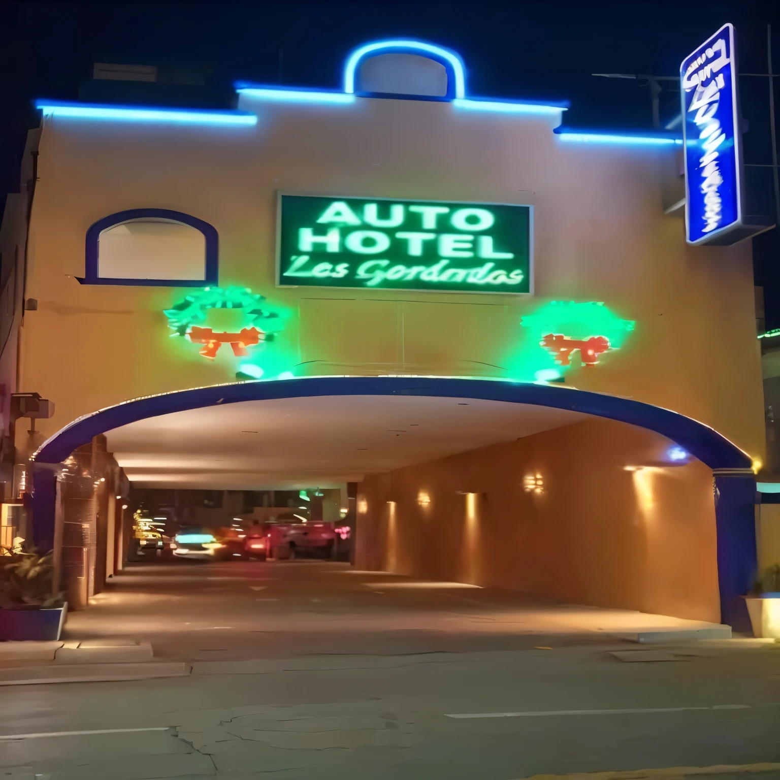 arafed view of a hotel entrance with neon lights, with neon signs, neon sign, foto tomada en la noche, Neon Electronic Signs, with neon lighting, Neon lights outside, exterior shot, neon signs in background, gigantic neon signs, neon signs, at night with neon lights, by Germán Londono, with neon lights, restaurante, imagen, condujo