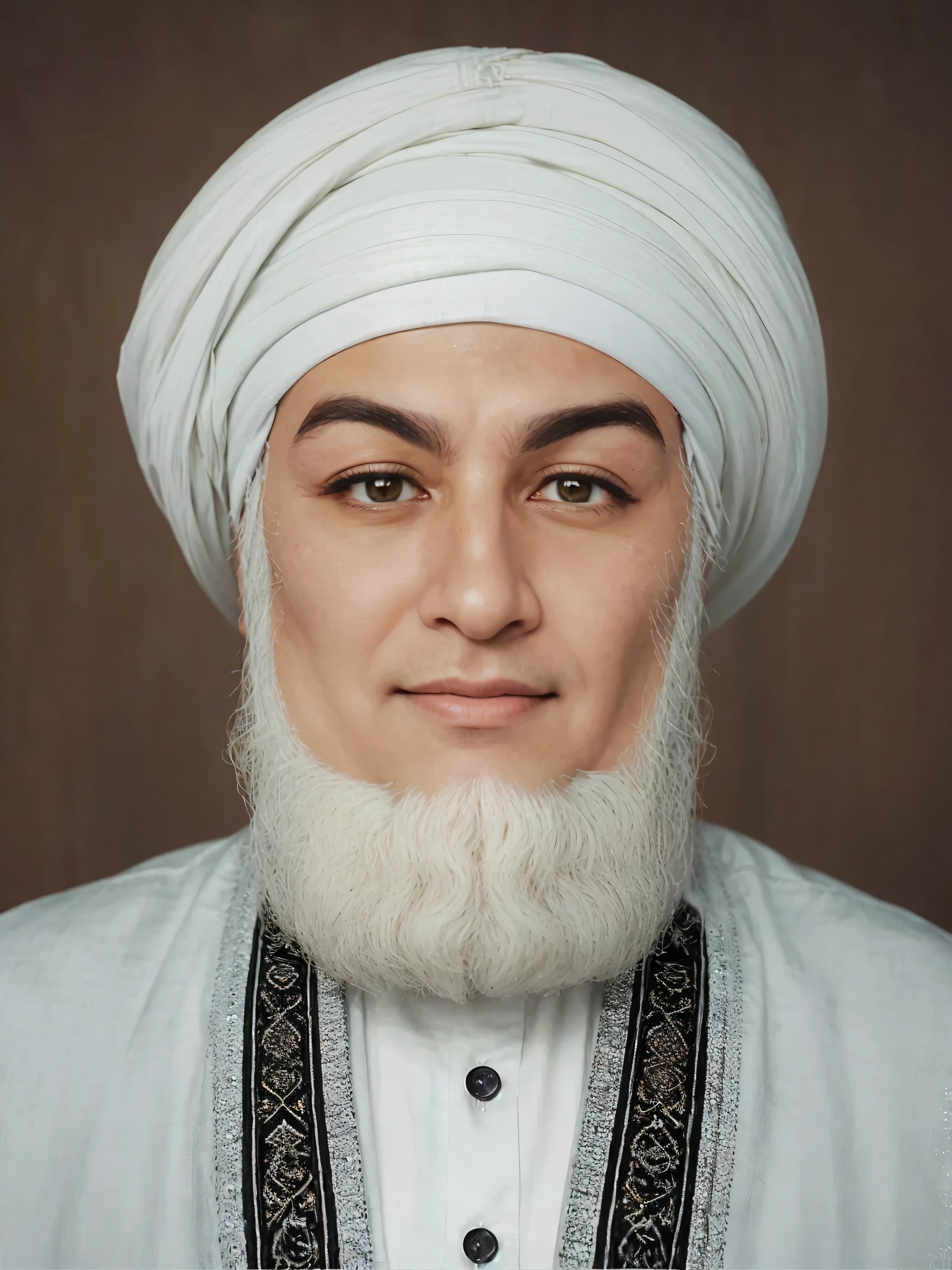 Make this photo look detailed and realistic, arafed man with a white turban and a beard, 6 8 years old man, inspired by Sheikh abdulqodir jailani, arab ameera al-taweel, arab ameera al taweel, close portrait, ottoman sultan, detailed potrait, perfect potrait, realistic potrait, very detailed potrait